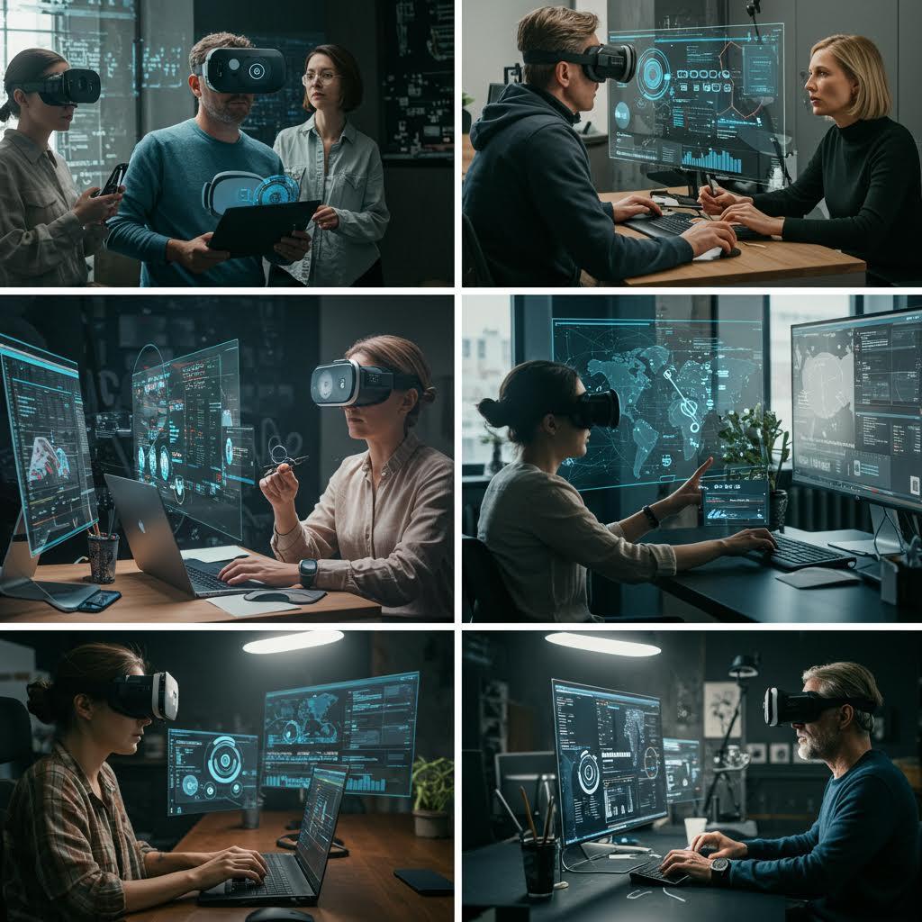 VR 헤드셋을 착용한 사람들이 디지털 인터페이스와 상호작용하며 미래형 작업을 수행하는 모습