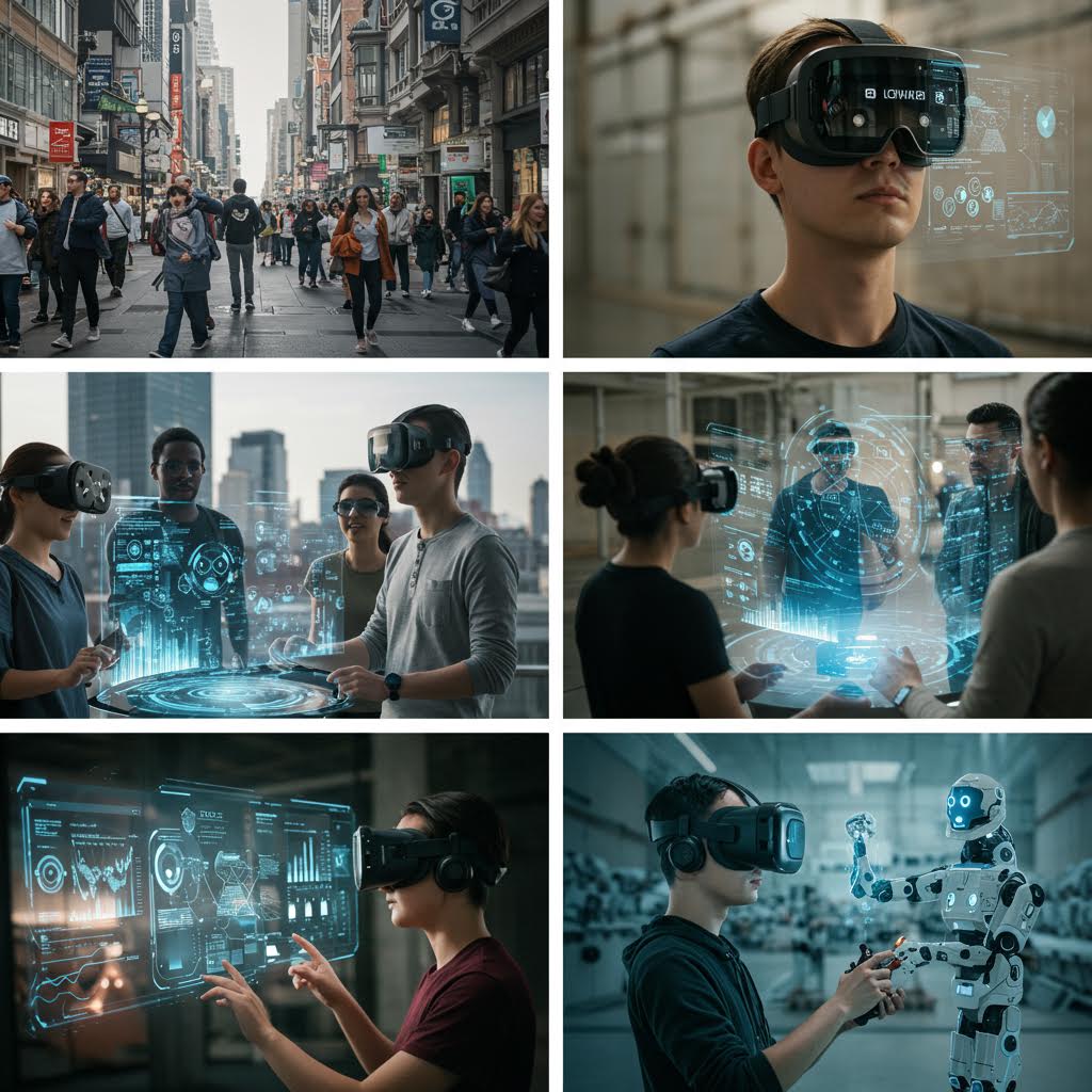 사람들이 VR 기기를 착용하고 가상현실 속에서 상호작용하는 모습