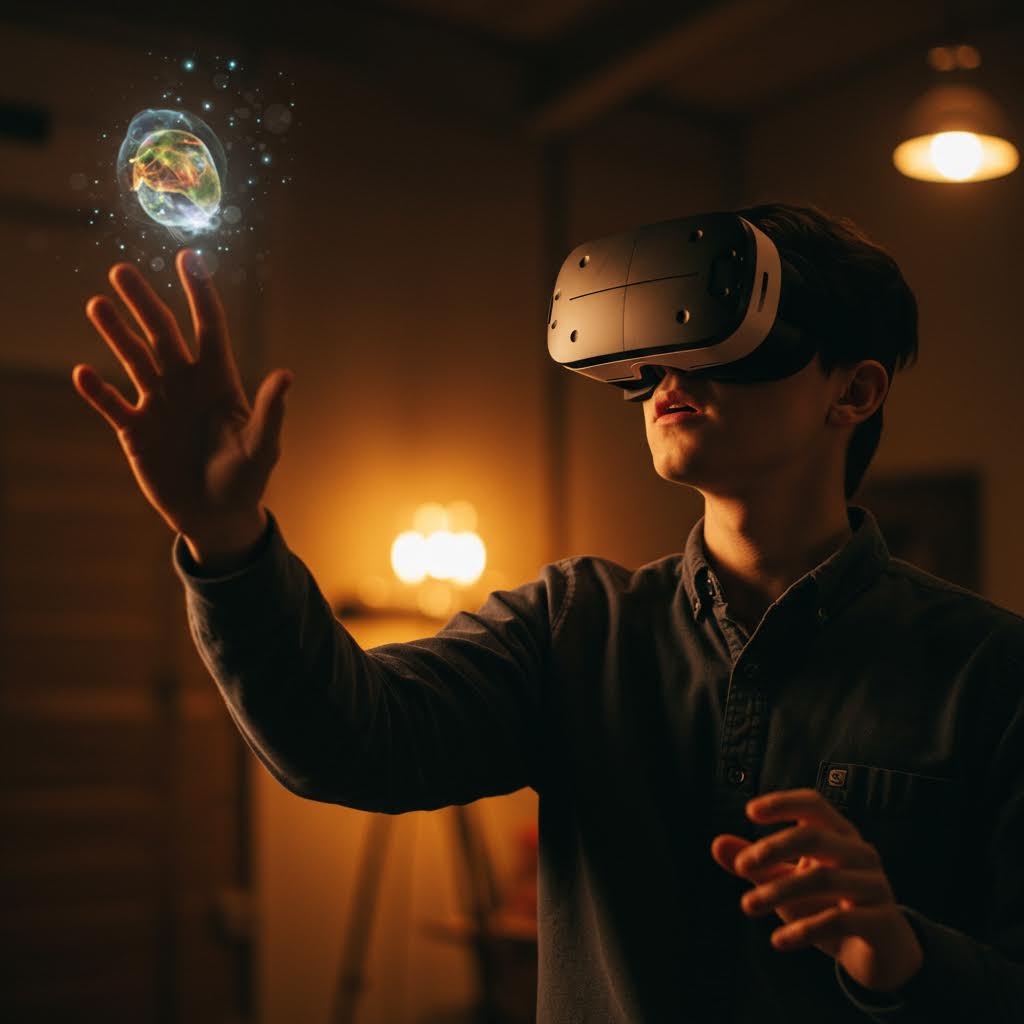 VR 헤드셋을 착용한 남성이 가상현실 속 지구 이미지를 손으로 조작하는 장면