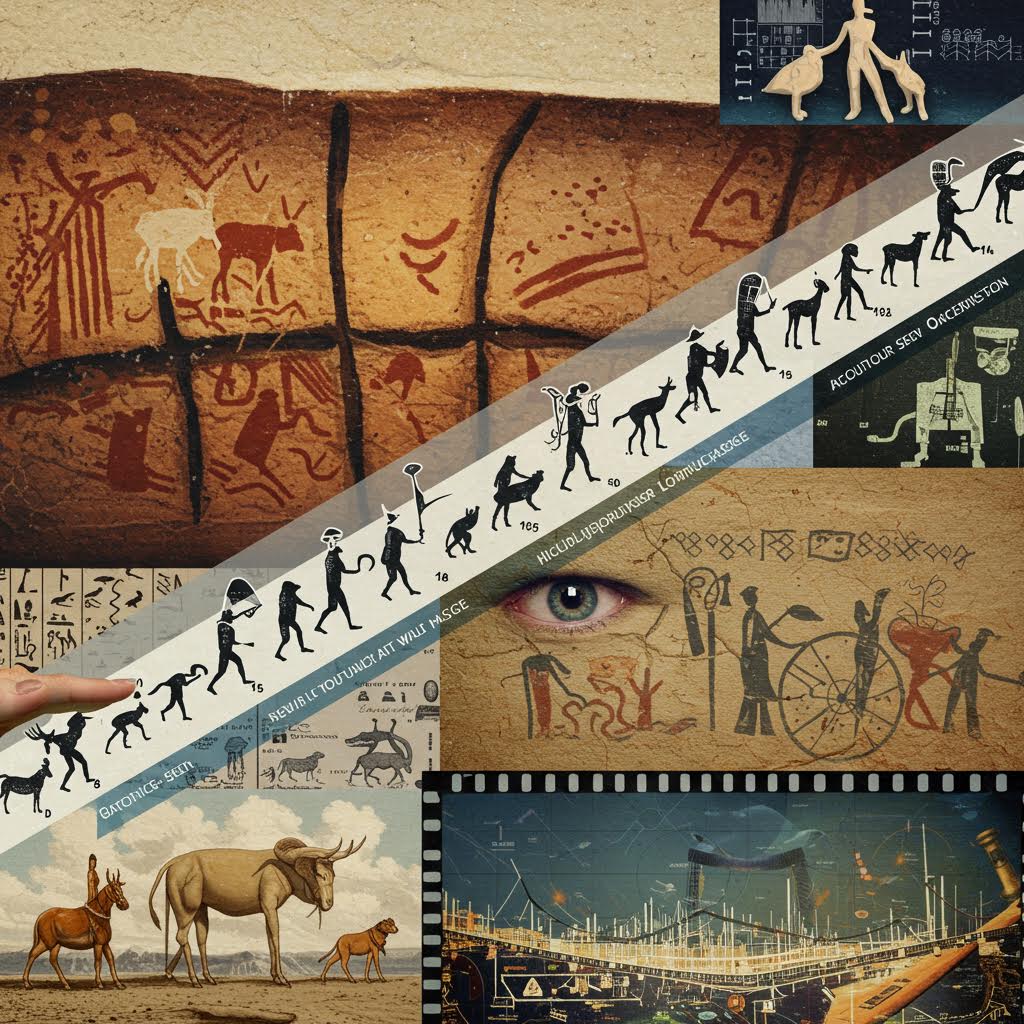 동굴 벽화와 고대 문자, 인류 진화의 이미지가 한 화면에 겹쳐지며 역사적 예술의 흐름을 상징하는 영상의 장면