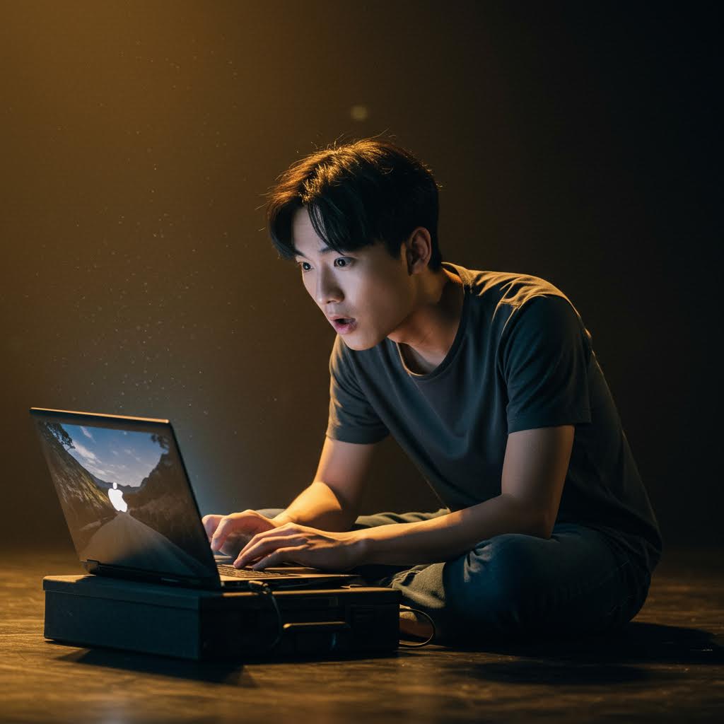 노트북 화면을 보며 놀란 표정으로 디지털 체험에 몰입한 청년