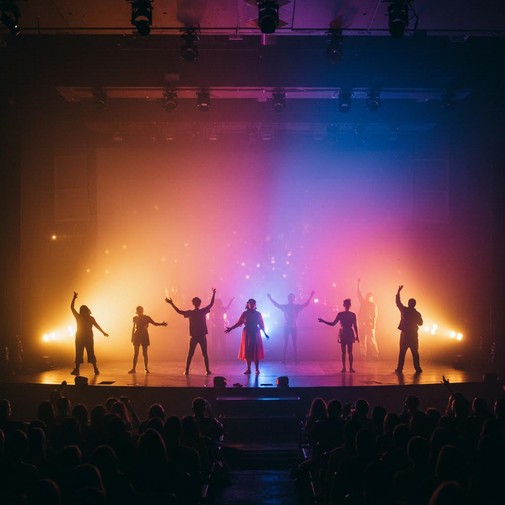 무대 위 조명이 배우들의 실루엣을 비추며 관객과 공연자가 하나의 장면으로 어우러지는 예술적 순간의 흐름