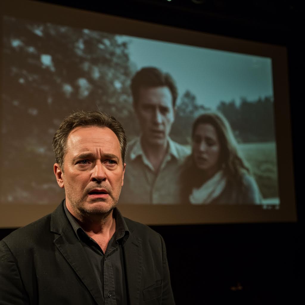 무대 위 배우가 관객과 시선을 교환하며 감정이 교차되는 순간을 담은 연극 공연의 긴장된 장면