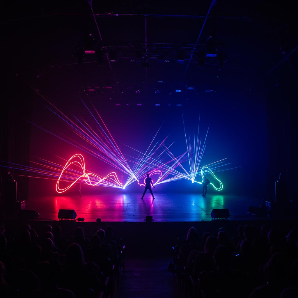 어두운 무대 위에 푸른빛과 붉은빛이 교차하며 배우의 움직임이 빛의 궤적으로 확장되는 시각적 공연의 언어
