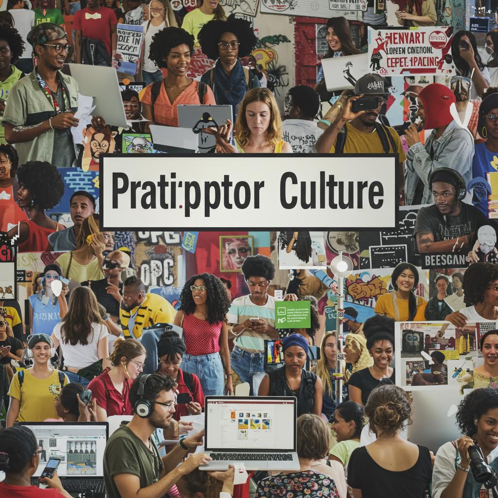 다양한 연령대의 사람들이 손팻말과 디지털 기기를 들고 모여 참여형 예술과 표현의 자유를 외치는 문화적 장면