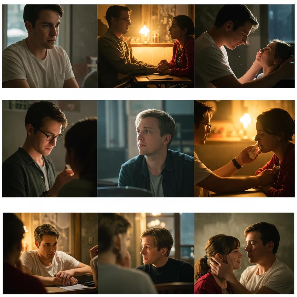 촛불 아래에서 마주 앉은 인물들이 대화를 나누며 감정과 서사가 교차되는 실시간 상호작용의 연극적 구도