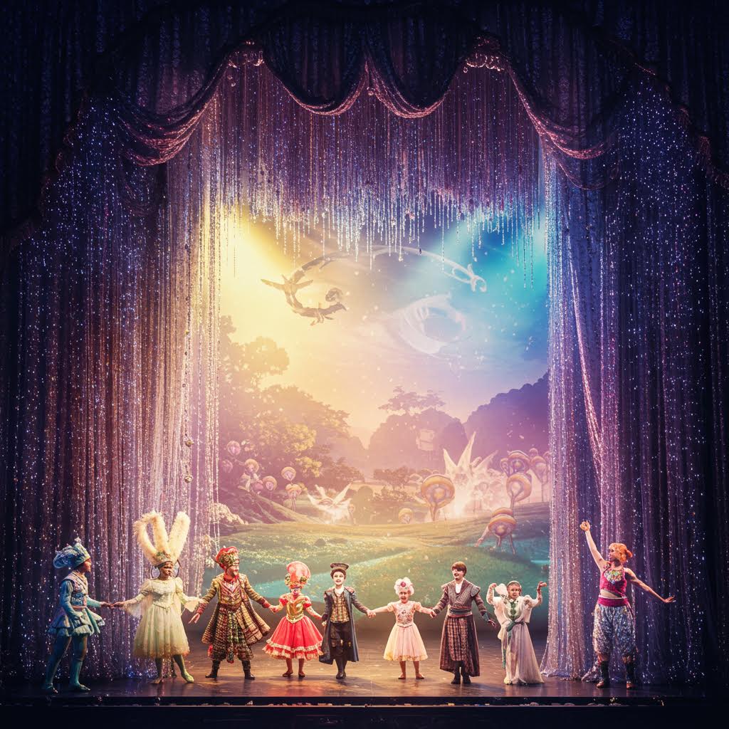 화려한 무대 조명과 디지털 캐릭터들이 현실 배우와 함께 서며 판타지와 현실이 교차되는 환상적 공연의 순간