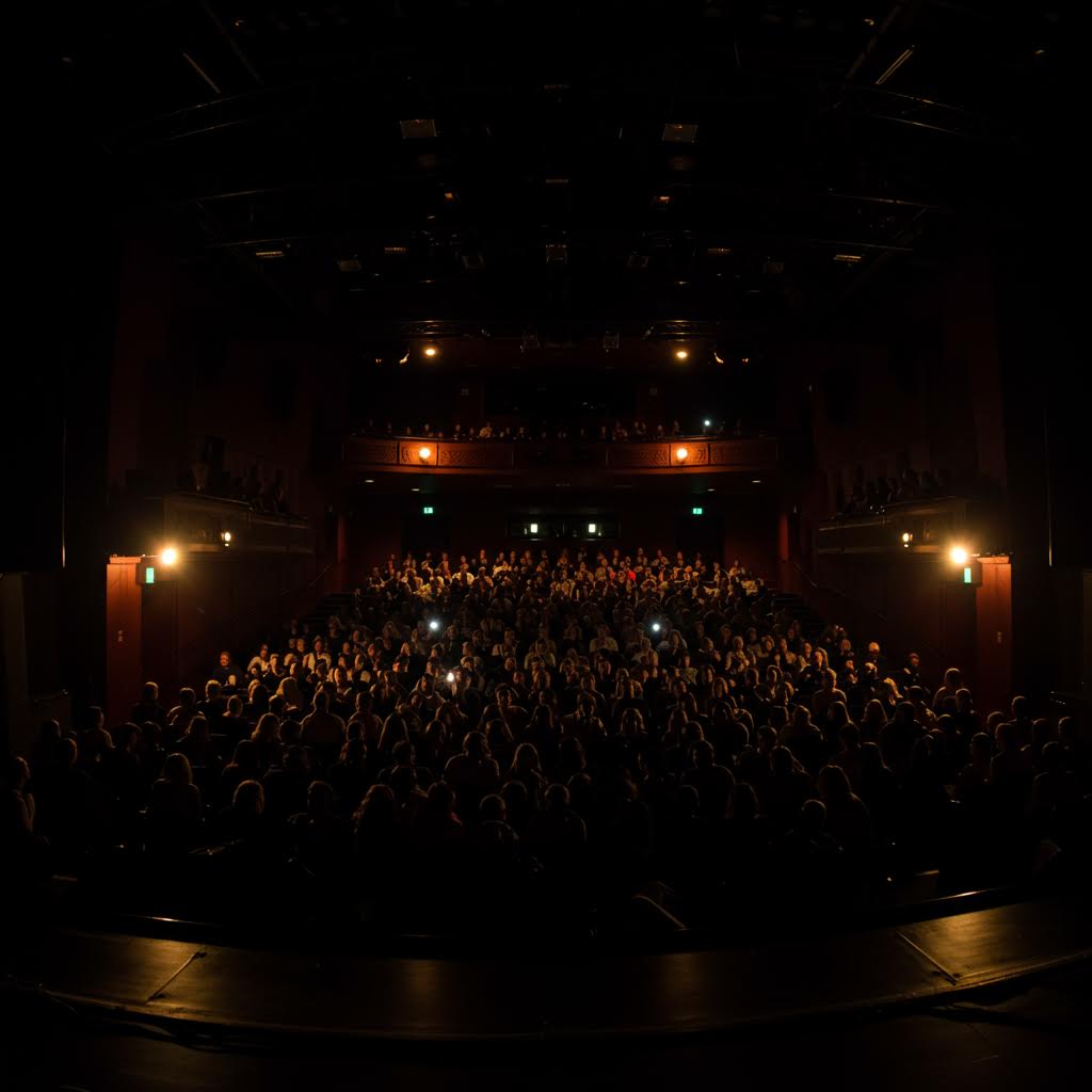 공연이 끝난 무대의 조명 아래에서 관객의 실루엣이 남아 있고 여운이 가득한 감정적 예술적인 공연의 마무리 순간