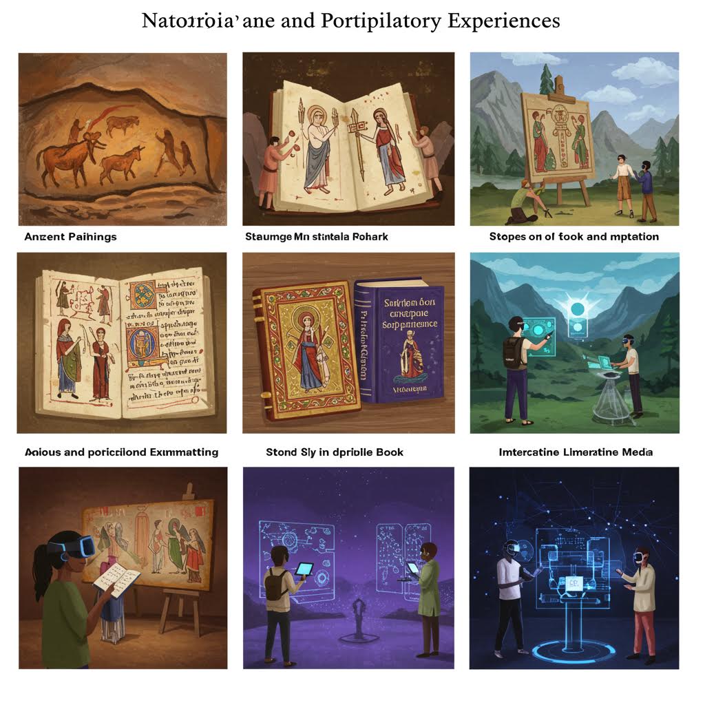 고대 벽화와 디지털 인터랙션 장면이 함께 구성되어 관람객이 직접 서사 속으로 참여하는 전시 경험의 구성