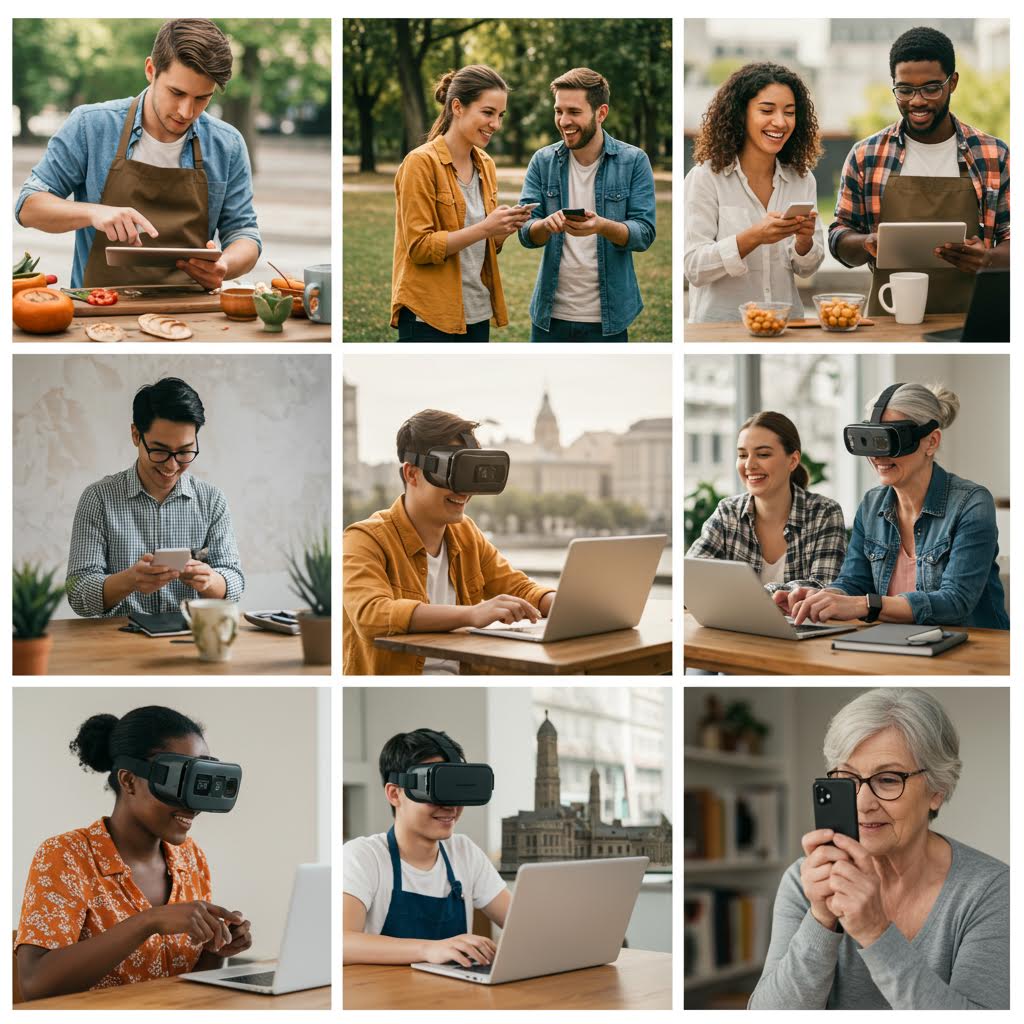 노트북, 태블릿, VR 기기를 사용하는 사람들이 일상 공간 속에서 디지털 무대를 체험하는 현대적 장면