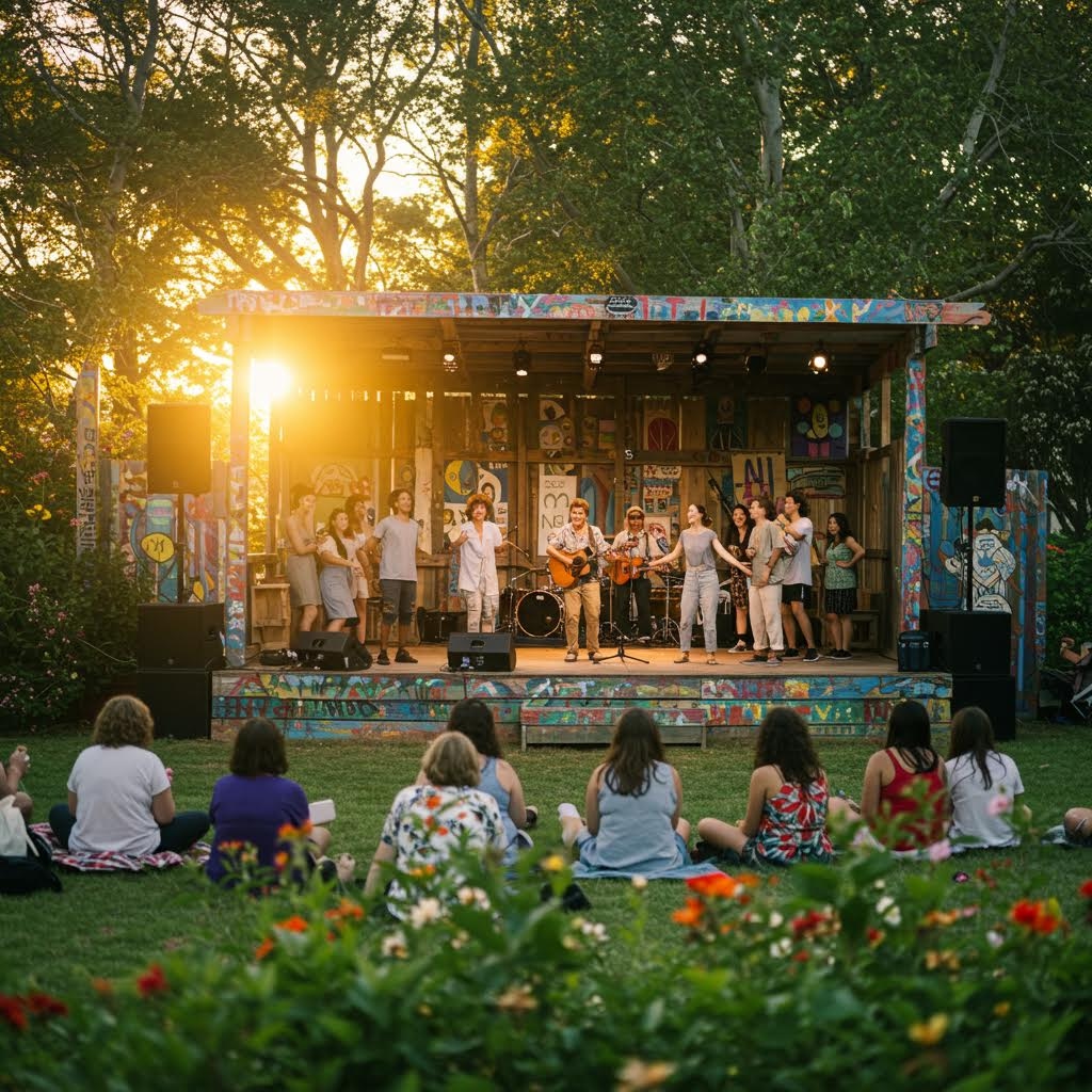 야외 무대에서 여럿이 악기와 목소리로 공연을 이어가고 관객이 잔디에 앉아 지켜보는 축제 분위기의 모습