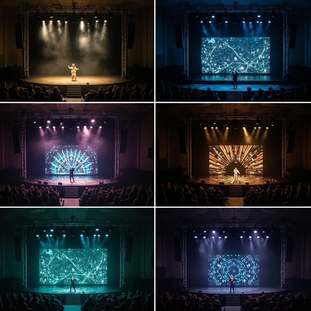 무대 위 대형 그래픽 화면과 조명이 반복적으로 변하며 공연자가 중심에 서 있는 장면의 흐름