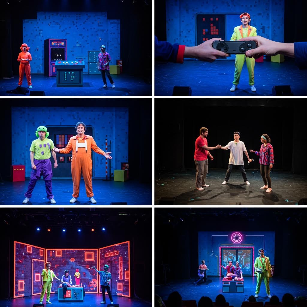 배우들이 무대 연출과 동작을 활용해 다양한 상황을 표현하며 극적 흐름을 구축하는 퍼포먼스 모습