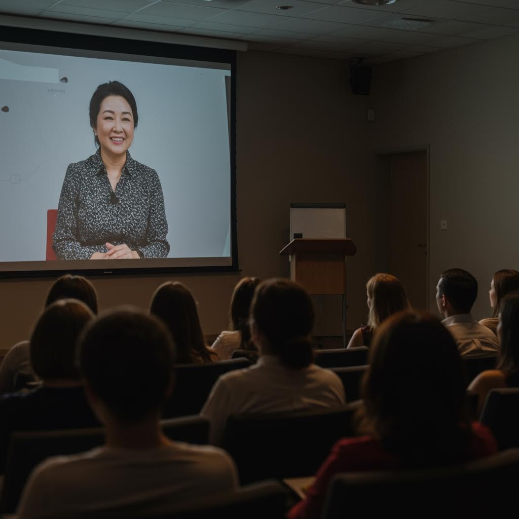어두운 강의실이나 회의장에서 청중들이 앉아 스크린을 바라보고 있는 사진. 대형 스크린에는 웃으며 연설하고 있는 듯한 전문직 여성의 얼굴이 선명하게 투사되어 있으며, 이는 화상 강의, 컨퍼런스 또는 원격 교육이 진행되는 상황을 시각적으로 보여줍니다.