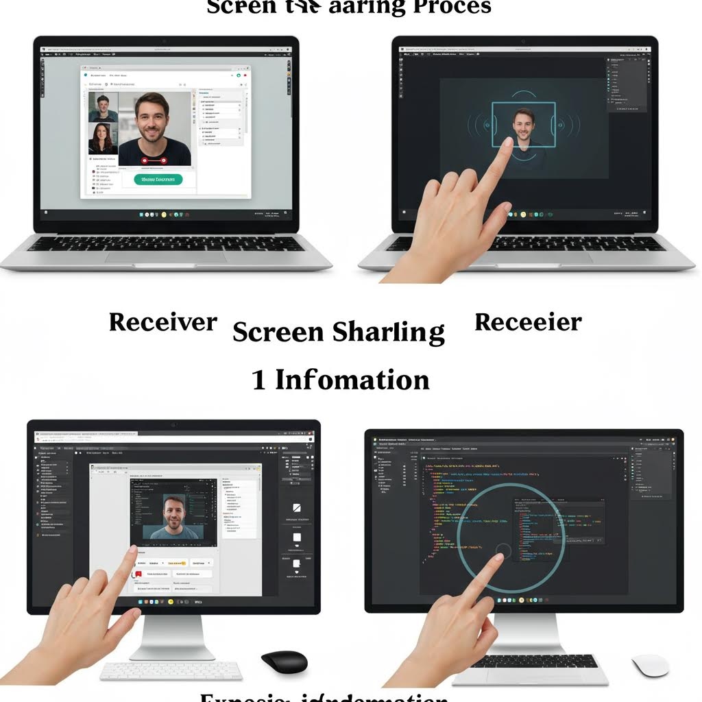 랩톱과 데스크톱 모니터를 통해 두 사용자가 화면을 공유하는 과정을 보여줍니다. 한쪽 화면에는 화상 통화 창이, 다른 쪽에는 코드와 데이터 분석 화면이 표시되며, 손가락이 화면을 조작하거나 특정 영역을 가리키는 모습이 화면 공유 기능의 작동 원리와 정보 노출 경로를 시각적으로 보여줍니다.