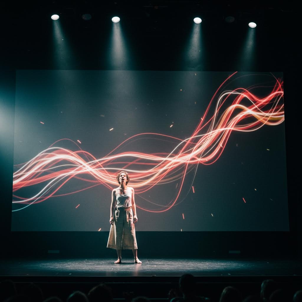무대 중앙의 인물이 빛의 곡선 그래픽을 배경으로 조명을 받으며 서 있는 공연 장면의 흐름