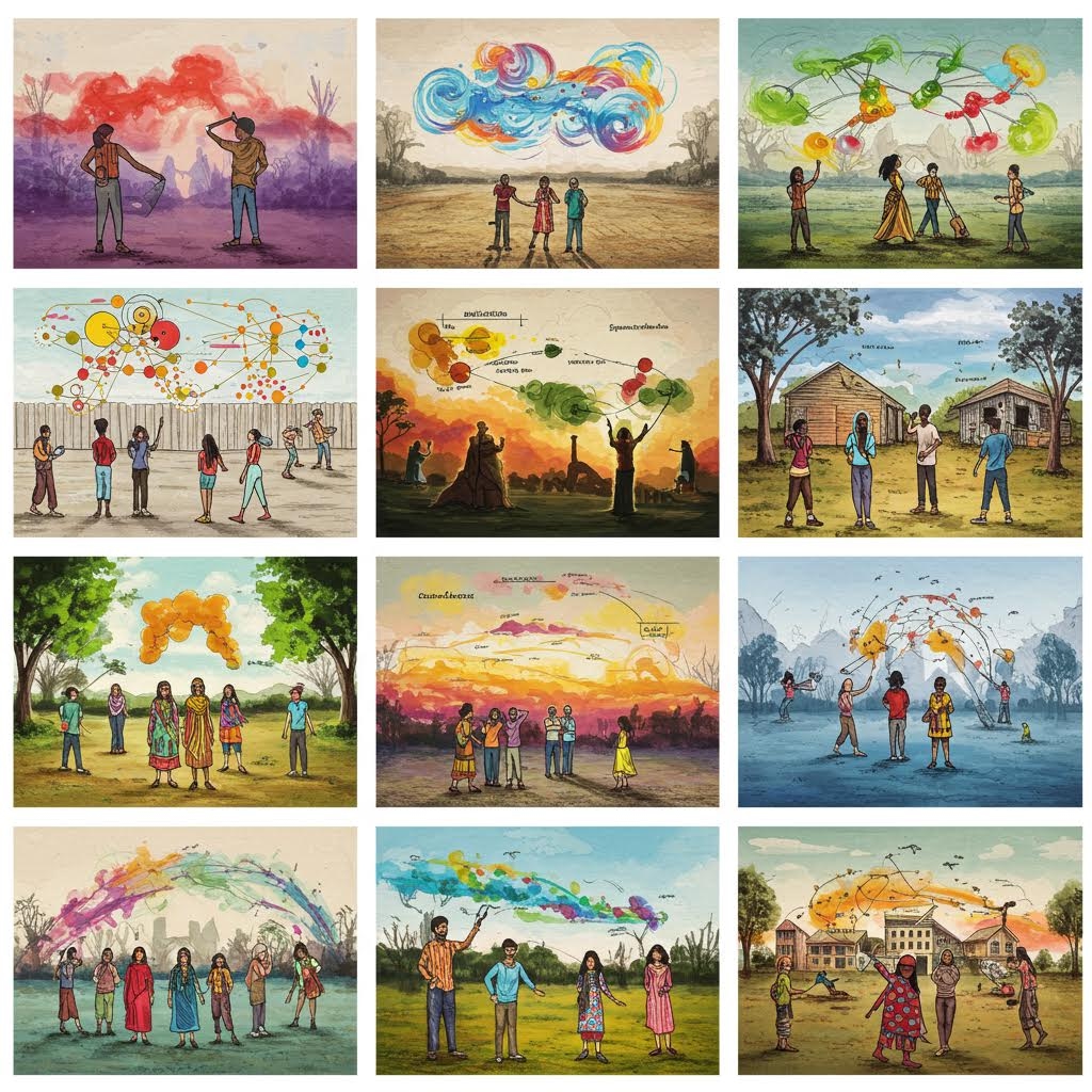 다양한 인종과 복장의 사람들이 야외에서 만나 손을 잡거나, 활발히 소통하며 머리 위로 형형색색의 다이어그램(아이디어 및 정보 흐름)을 공유하는 모습이 담겨 있습니다. 이는 커뮤니티 연결 패턴과 사회적 상호작용을 시각적으로 보여줍니다
