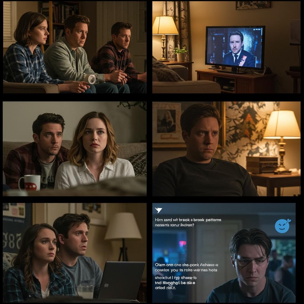 거실 소파에 앉아 TV나 노트북 화면을 시청하는 사람들의 모습과, 그들이 콘텐츠에 몰입하거나 놀란 듯한 표정을 짓는 클로즈업 사진이 담겨 있습니다. 이 이미지는 콘텐츠의 휴방 패턴과 방영 방식이 시청자의 몰입도와 충성도에 미치는 영향을 시각적으로 보여줍니다..
