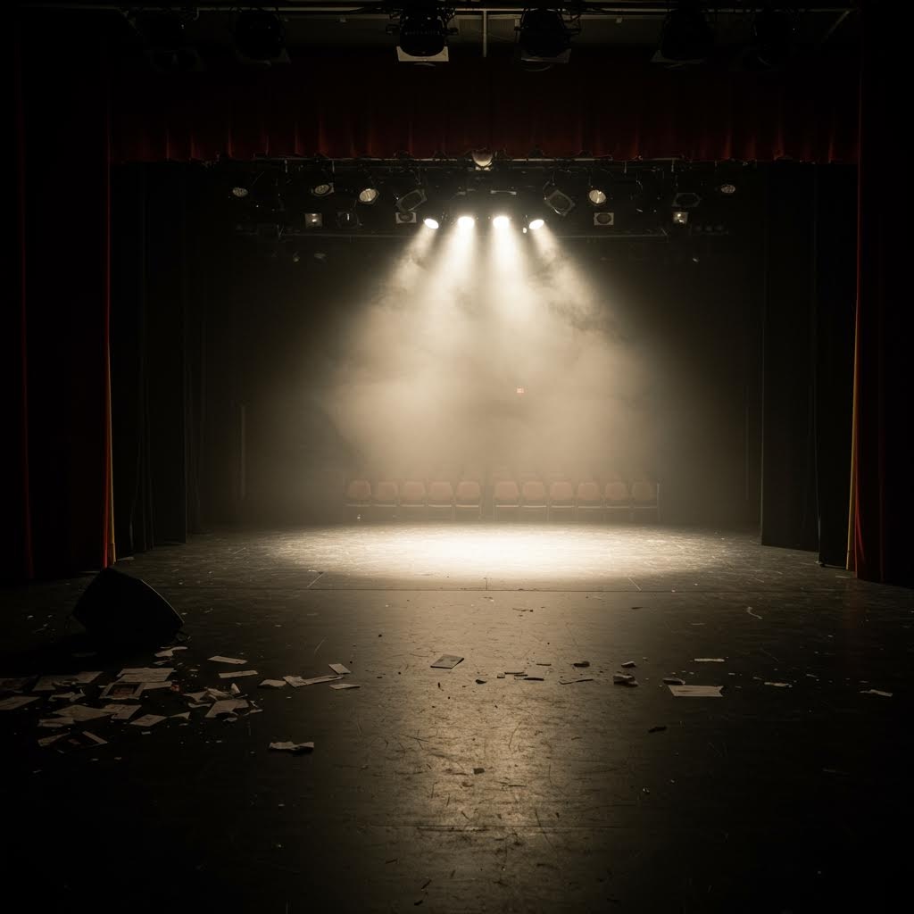 공연장이 고요한 채 조명만이 빈 무대를 비추고 바닥에 흩어진 종잇조각이 남은 여운을 만드는 순간