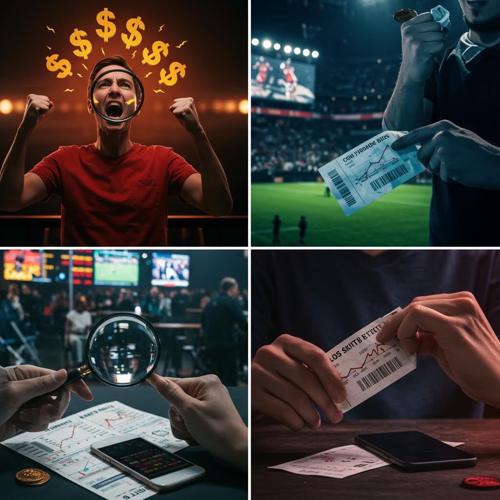 상단에는 달러 기호가 떠다니는 가운데 환호하는 남성(승리)과 경기장에서 베팅 티켓을 들고 경기를 보는 모습(현장감)이 담겨 있습니다. 하단에는 돋보기를 들고 베팅 데이터를 분석하는 모습과, 찢어지거나 구겨진 베팅 티켓을 들고 있는 모습(손실)이 대비되어, 스포츠 베팅의 감정적, 분석적, 결과적 순환 과정을 시각적으로 보여줍니다.