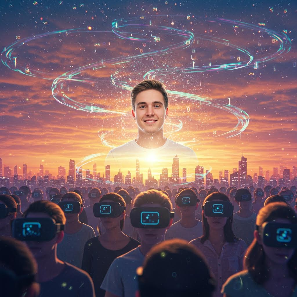 노을 지는 도시 스카이라인을 배경으로, 가상현실(VR) 헤드셋을 착용한 수많은 청중이 정면을 응시하고 있는 디지털 일러스트레이션. 군중 위로는 한 남성의 웃는 얼굴이 부상하며, 그 주위를 빛나는 디지털 고리가 감싸고 있습니다. 이는 커뮤니티별 확산 패턴의 차이와 가상 환경에서의 몰입 및 집중 현상을 시각적으로 보여줍니다.