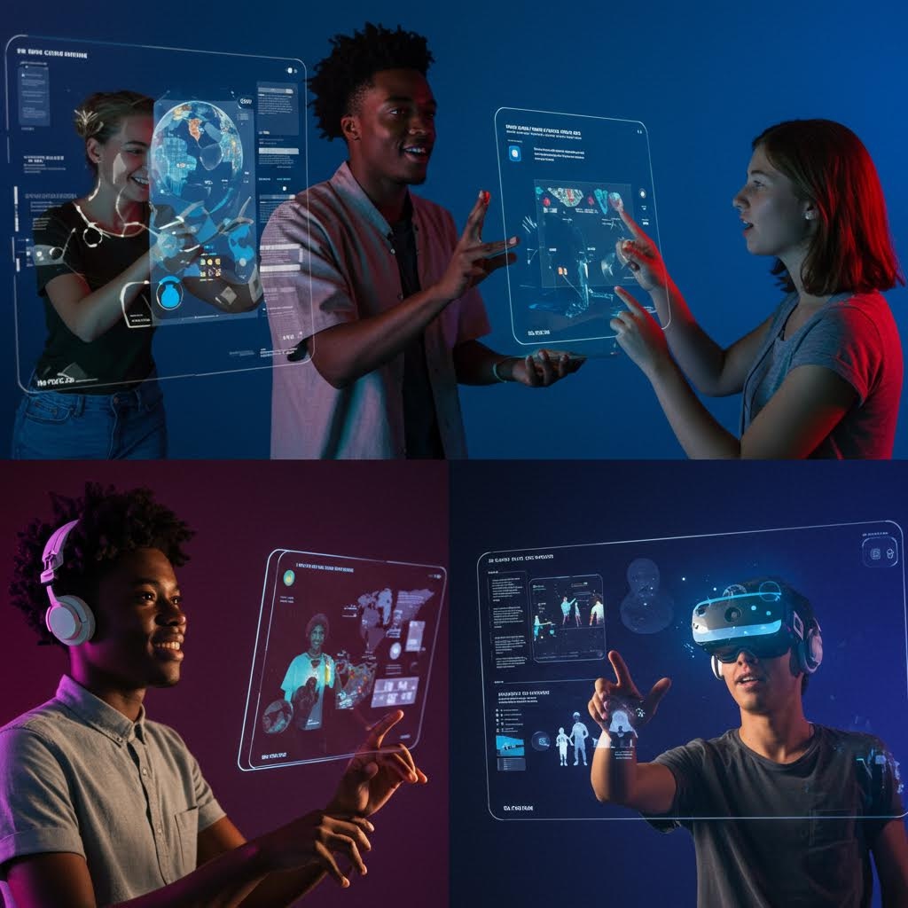 두 사람이 홀로그램 화면을 다루며 가상 정보를 조작하는 미래형 인터페이스 상호작용의 장면