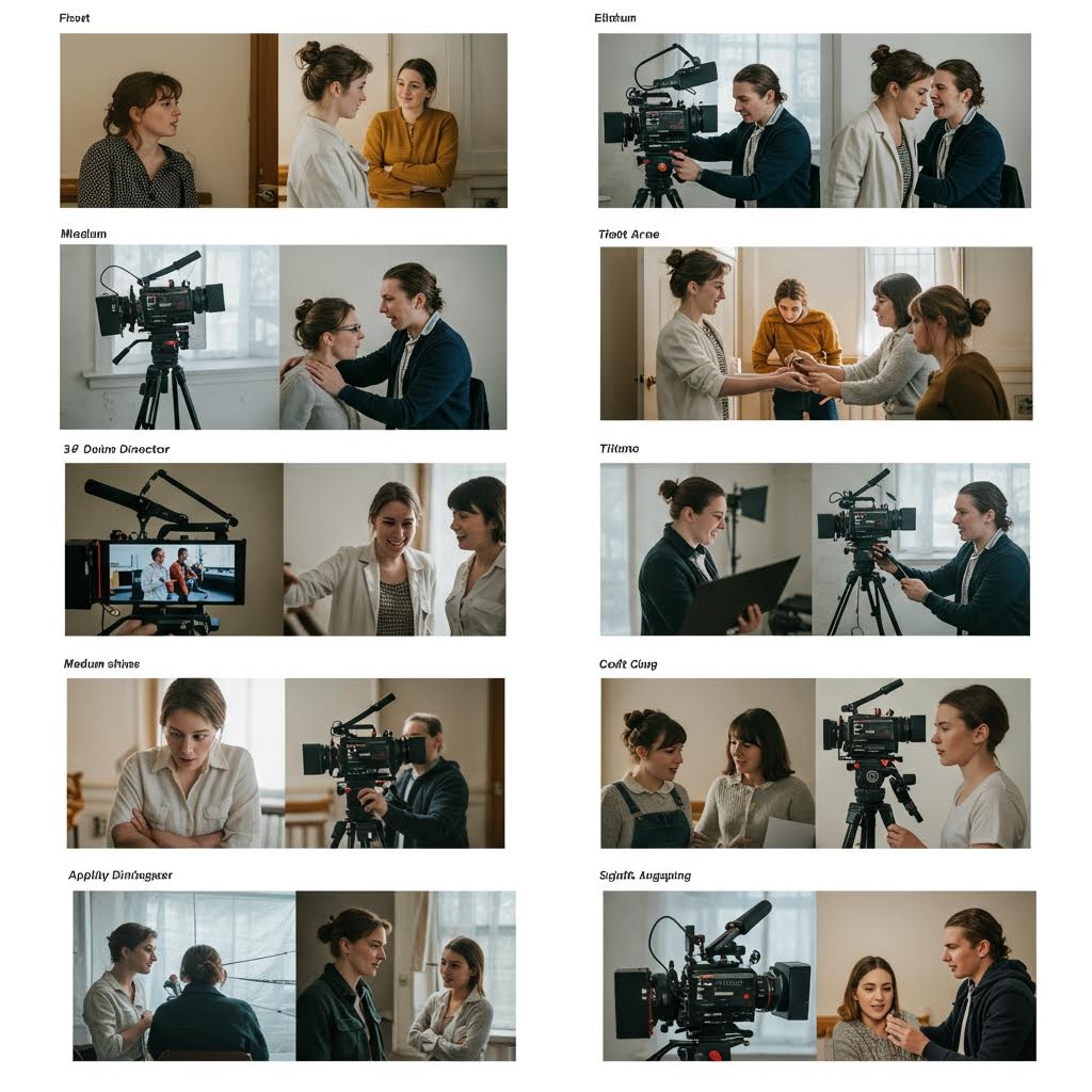 촬영 장비를 다루며 서로 위치와 구도를 맞추는 사람들의 준비 과정이 연속된 구도로 이어지는 모습