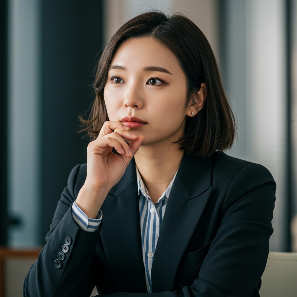 어두운 정장과 줄무늬 셔츠를 입은 젊은 전문직 여성이 턱에 손을 얹고 사려 깊거나 결단력 있는 표정으로 정면을 바라보고 있는 클로즈업 인물 사진. 이는 비즈니스 환경에서의 전략적 사고와 집중을 시각적으로 보여줍니다.