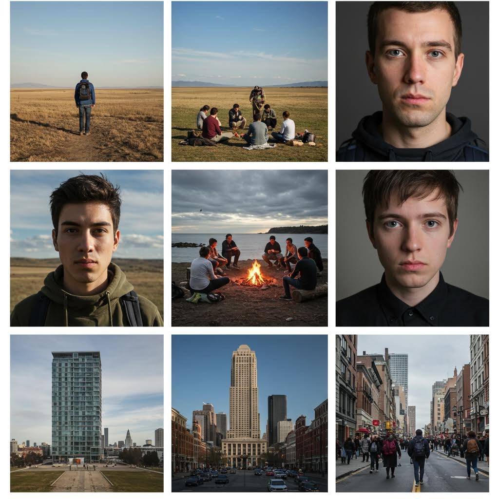 인물이 홀로 들판을 걷는 모습, 사람들이 야외에서 모여 앉아 캠프파이어를 하거나 토론하는 모습, 그리고 고층 빌딩과 복잡한 도심 거리의 풍경이 함께 담겨 있습니다. 이는 개인의 고립과 공동체의 연결, 그리고 자연과 도시 환경의 대비를 시각적으로 보여줍니다.