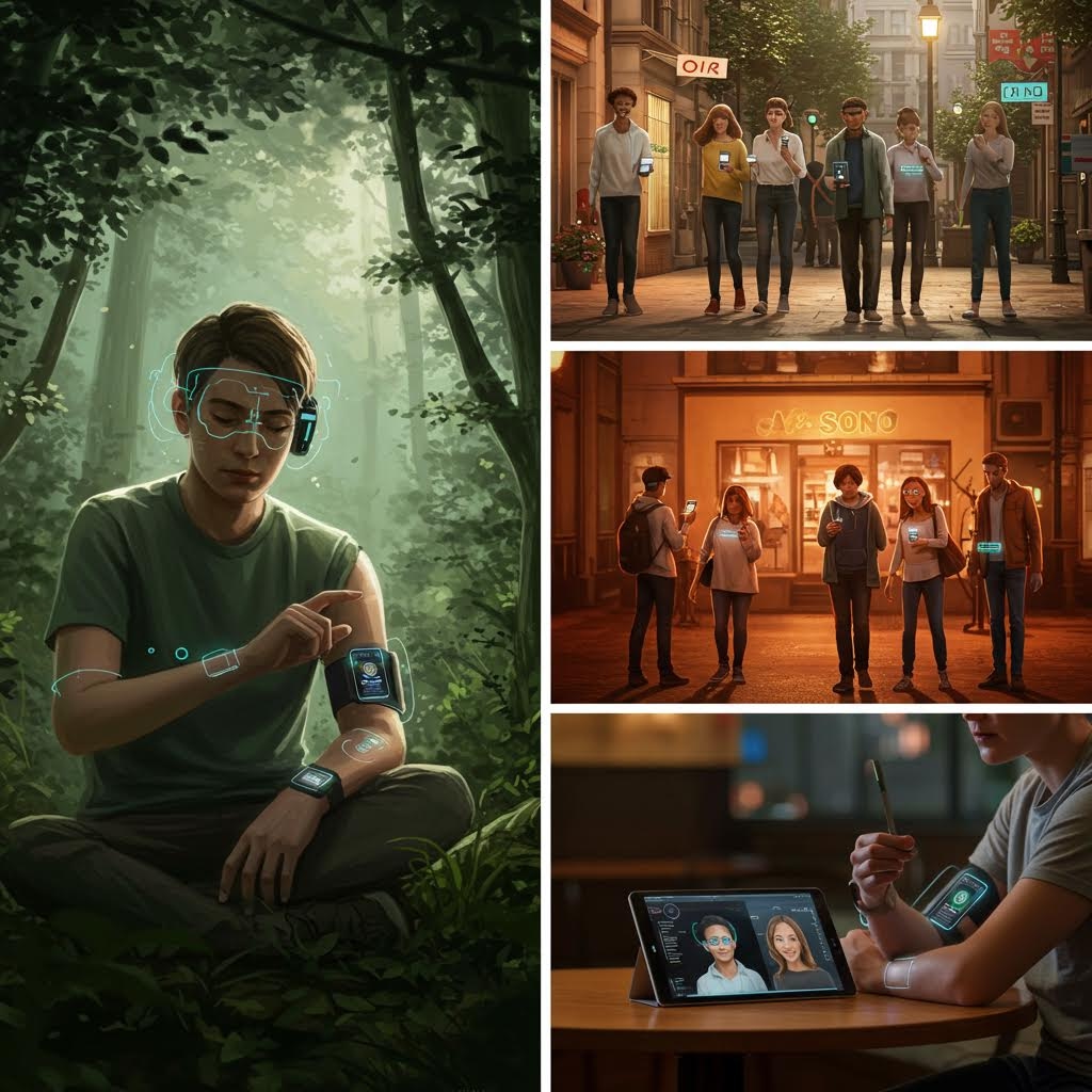 숲과 거리와 실내를 배경으로 스마트 기기를 활용해 정보를 확인하는 사람들이 이어지는 일련의 장면