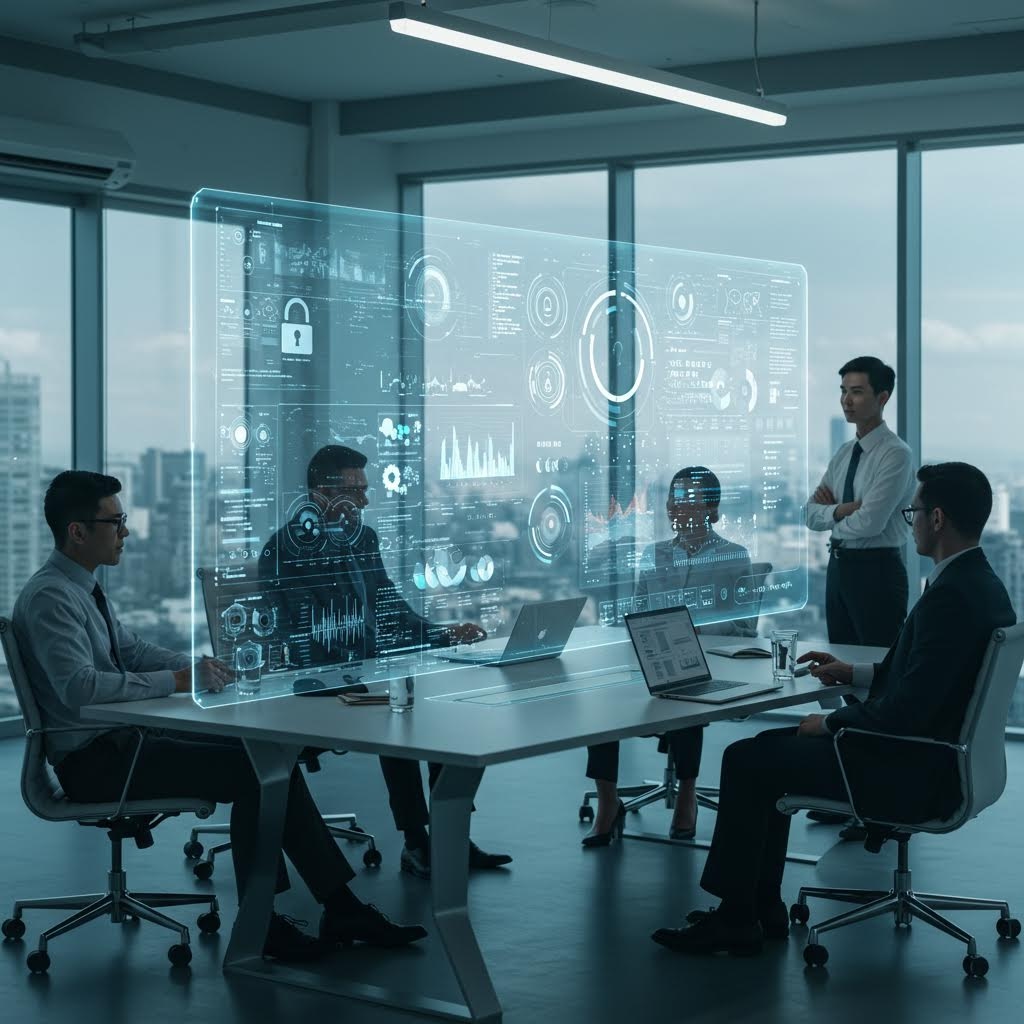 고층 빌딩 사무실에서 정장 차림의 다섯 명이 회의 테이블에 둘러앉아 투명한 푸른색 홀로그램 화면을 보며 전략을 논의하는 사진. 화면에는 보안 자물쇠 아이콘, 각종 그래프와 데이터 대시보드가 표시되어, 민감한 베팅 정보나 금융 데이터에 대한 기업의 보안 및 전략 회의를 시각적으로 보여줍니다.