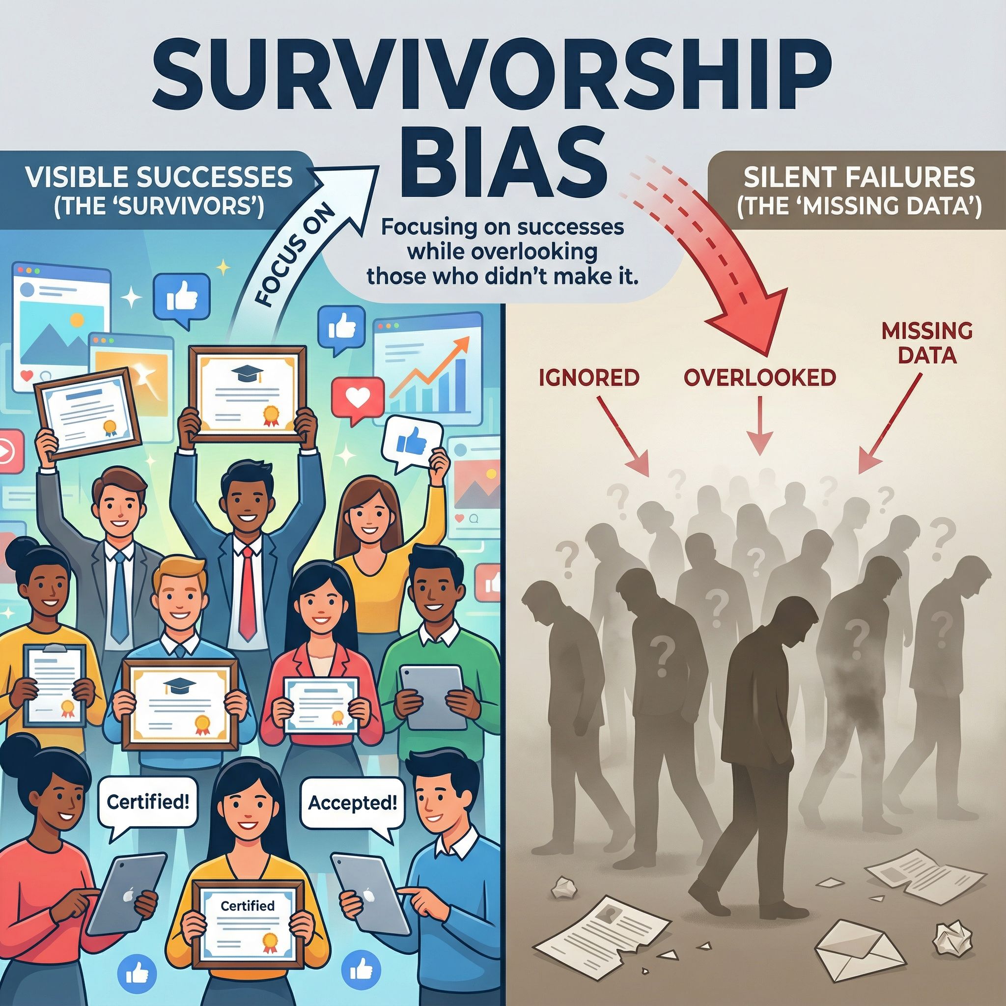 성과를 이룬 사람들의 성공 사례만 강조된 왼쪽 장면과 실패해 사라진 다수의 인원이 흐릿한 그림자로 배치된 오른쪽 구성이 생존자 편향과 누락된 데이터의 대비를 보여준다