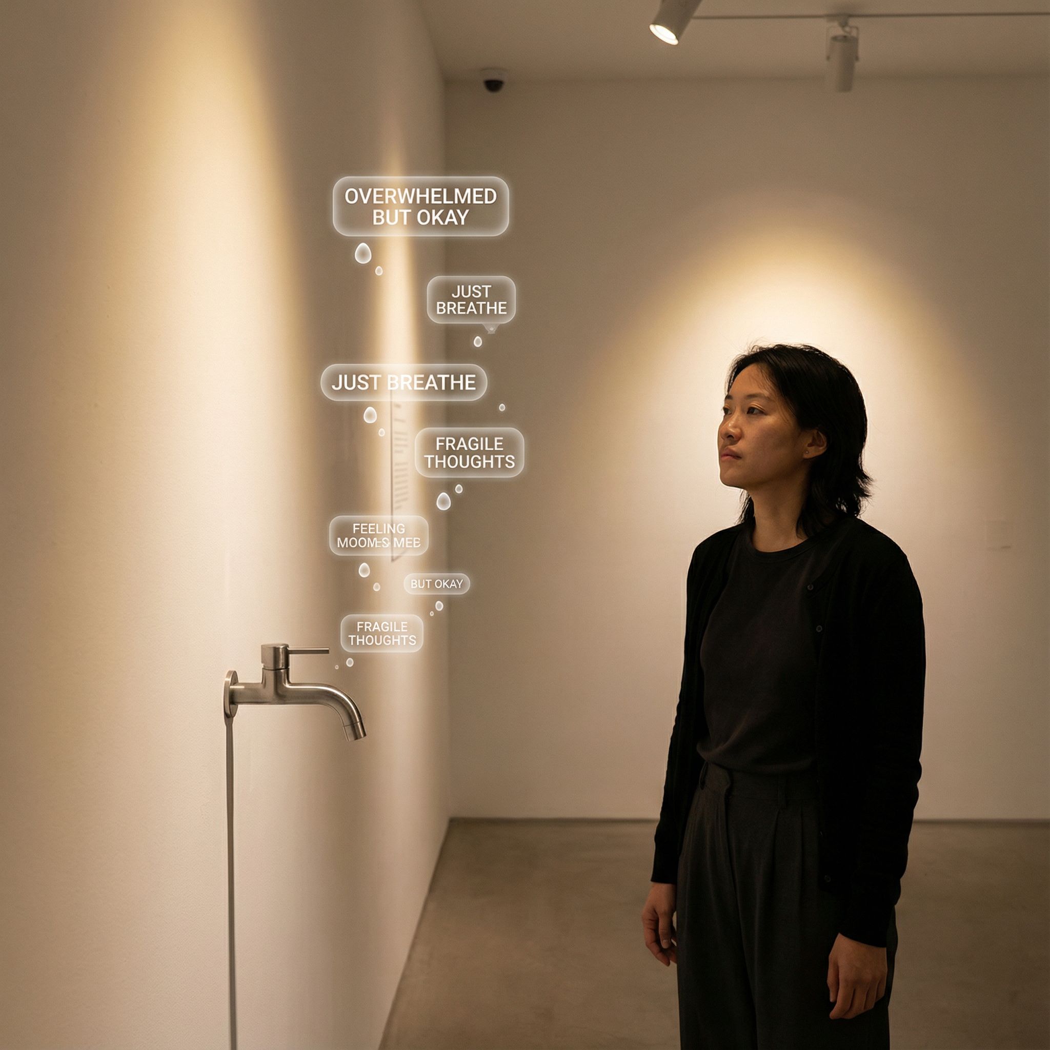 미니멀한 배경 속 수도꼭지에서 물방울과 캡션 조각들이 떠오르는 모습이다