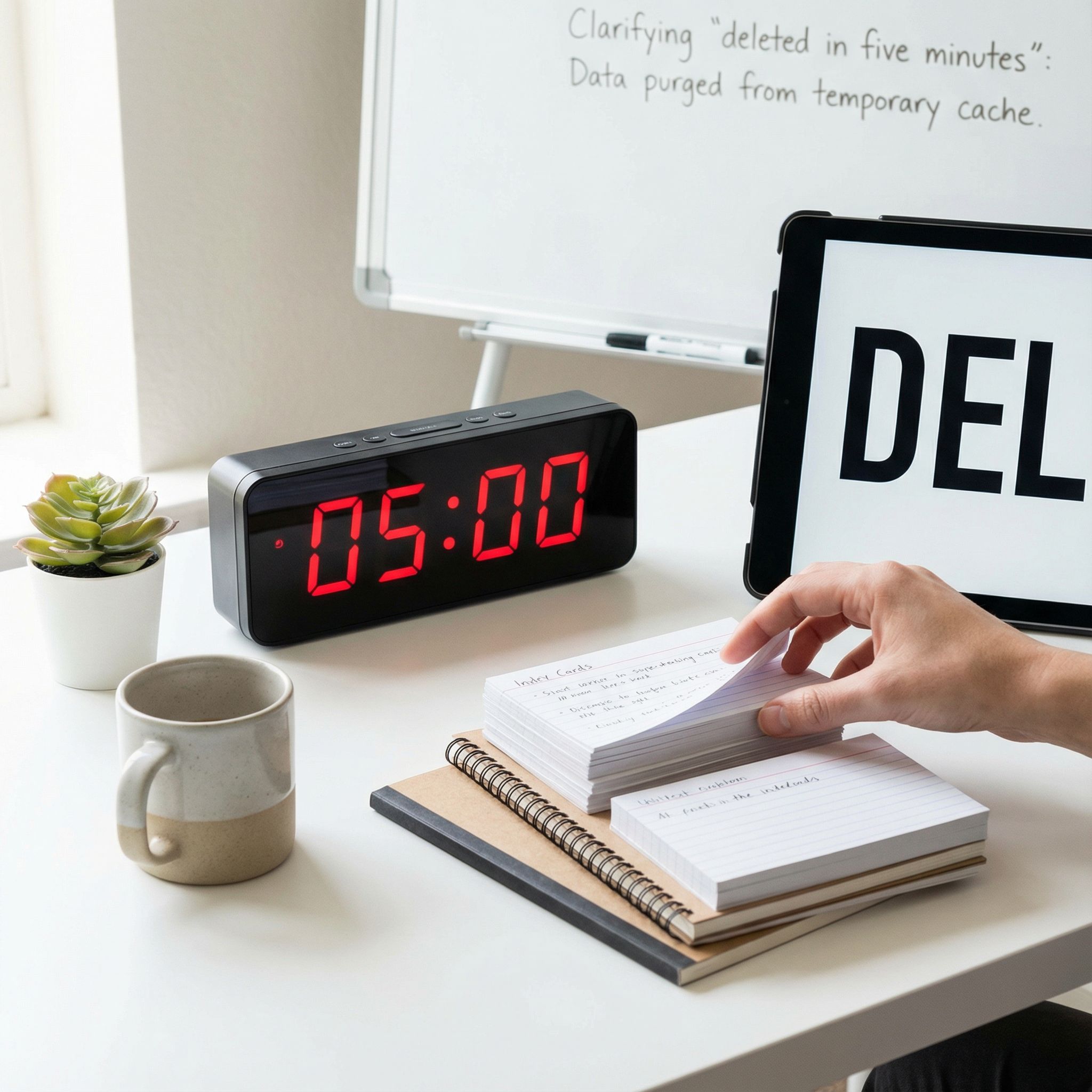 흰 배경의 깔끔한 책상 위에 5분 타이머와 큰 삭제 아이콘, 정리된 메모가 놓인 모습이다