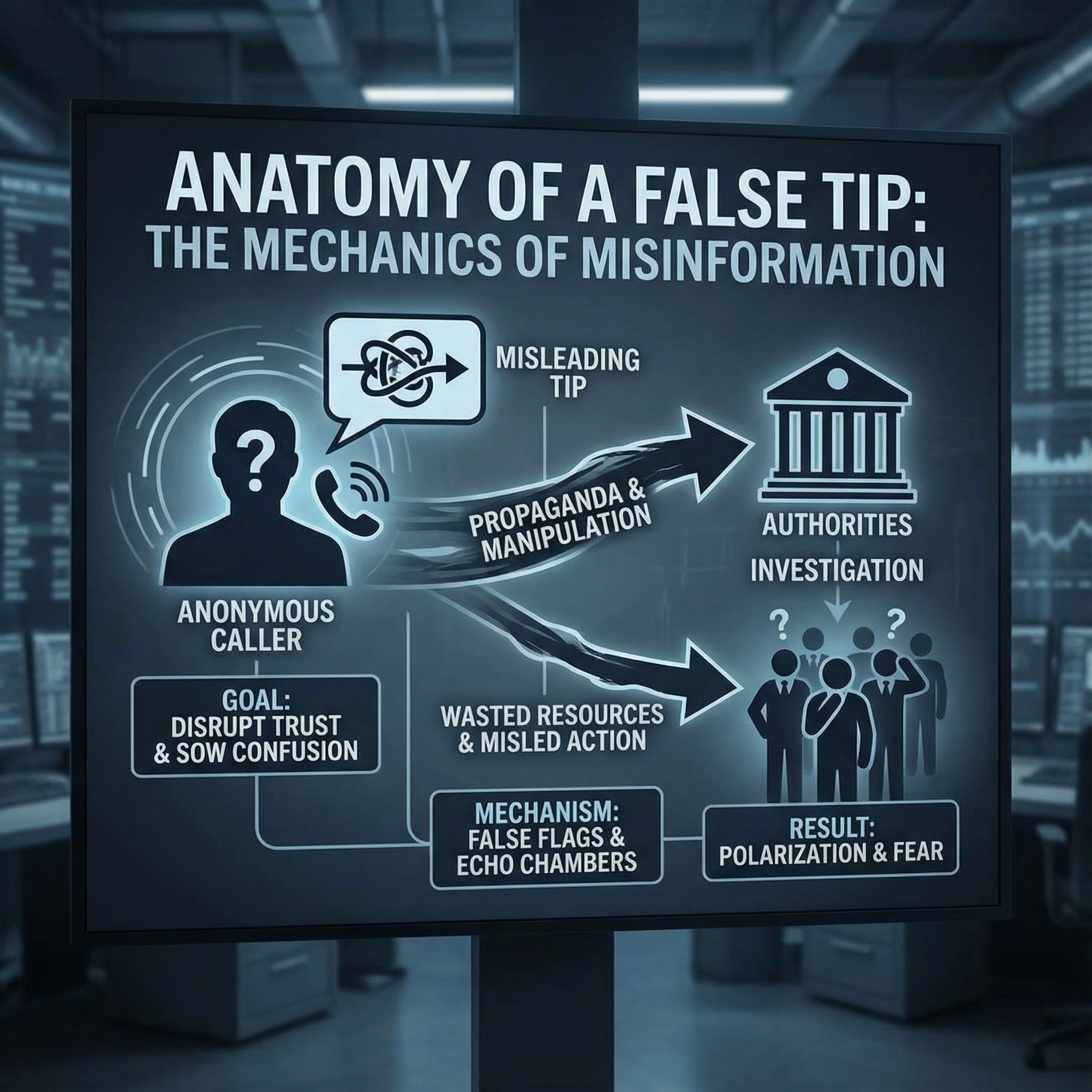 어두운 조명 속 익명 전화기와 당국 인물, 화살표로 허위 제보의 조작 흐름을 나타낸 모습이다