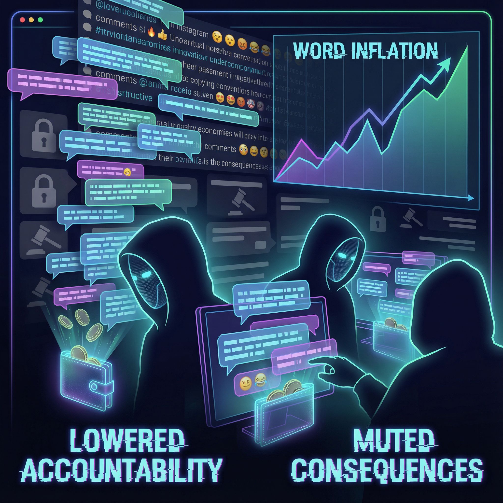 푸른 네온 화면에 가면 쓴 프로필들, 말풍선이 화폐처럼 넘쳐 댓글이 뒤엉킨 모습이다