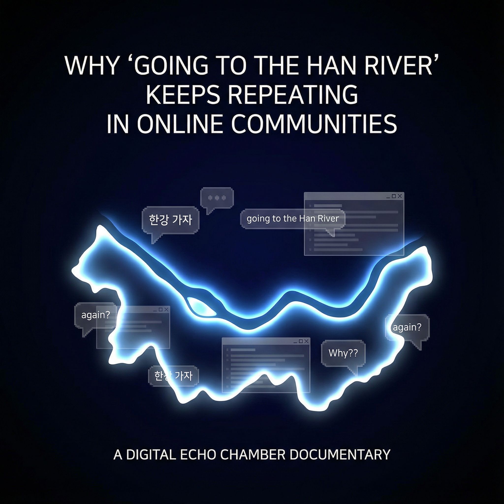 어두운 배경에 강 실루엣이 은은히 빛나고, 채팅 말풍선과 게시글이 반복되는 타이틀 카드인 모습이다