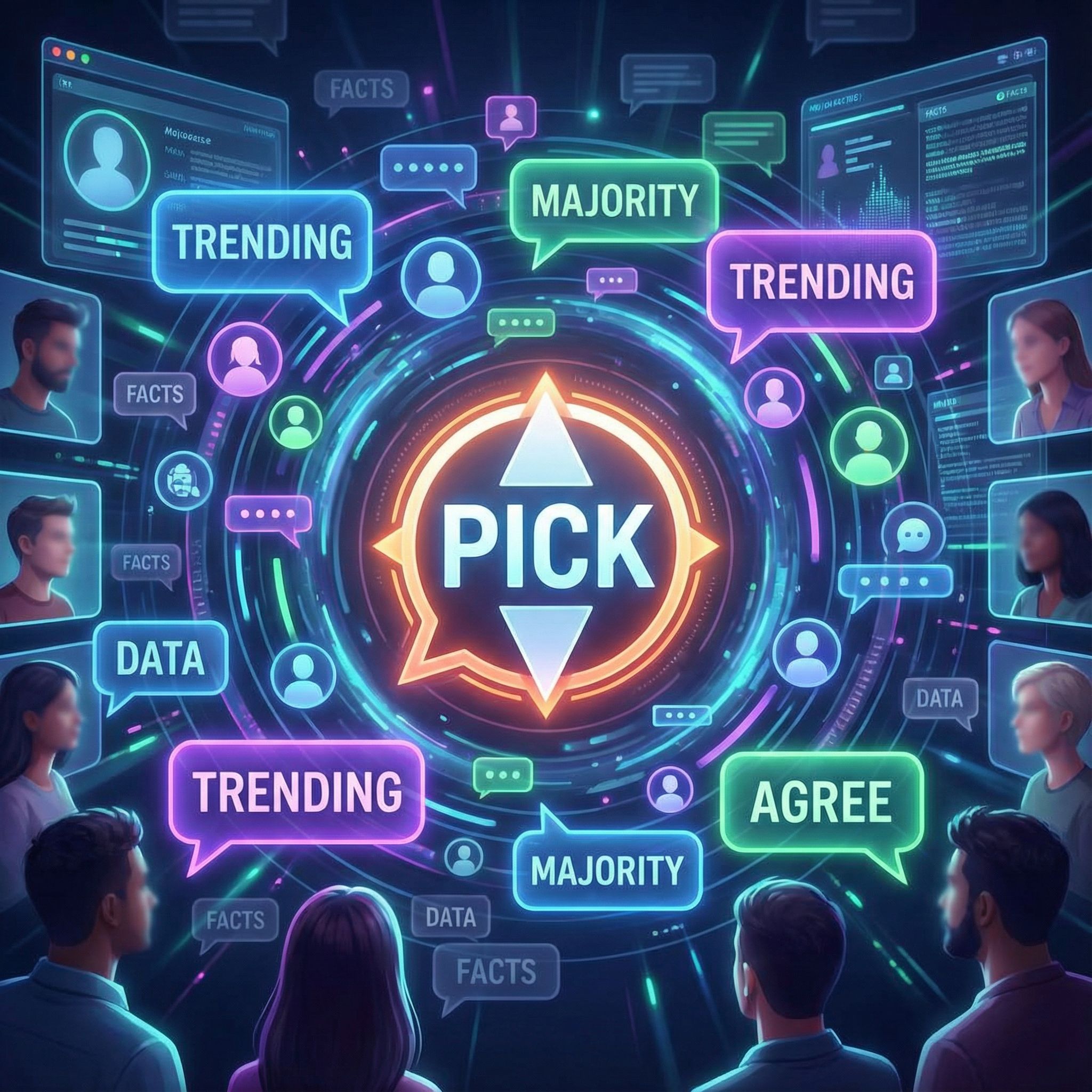 네온 빛 채팅창에 말풍선이 소용돌이쳐 하나의 선택 아이콘으로 합쳐진 모습이다