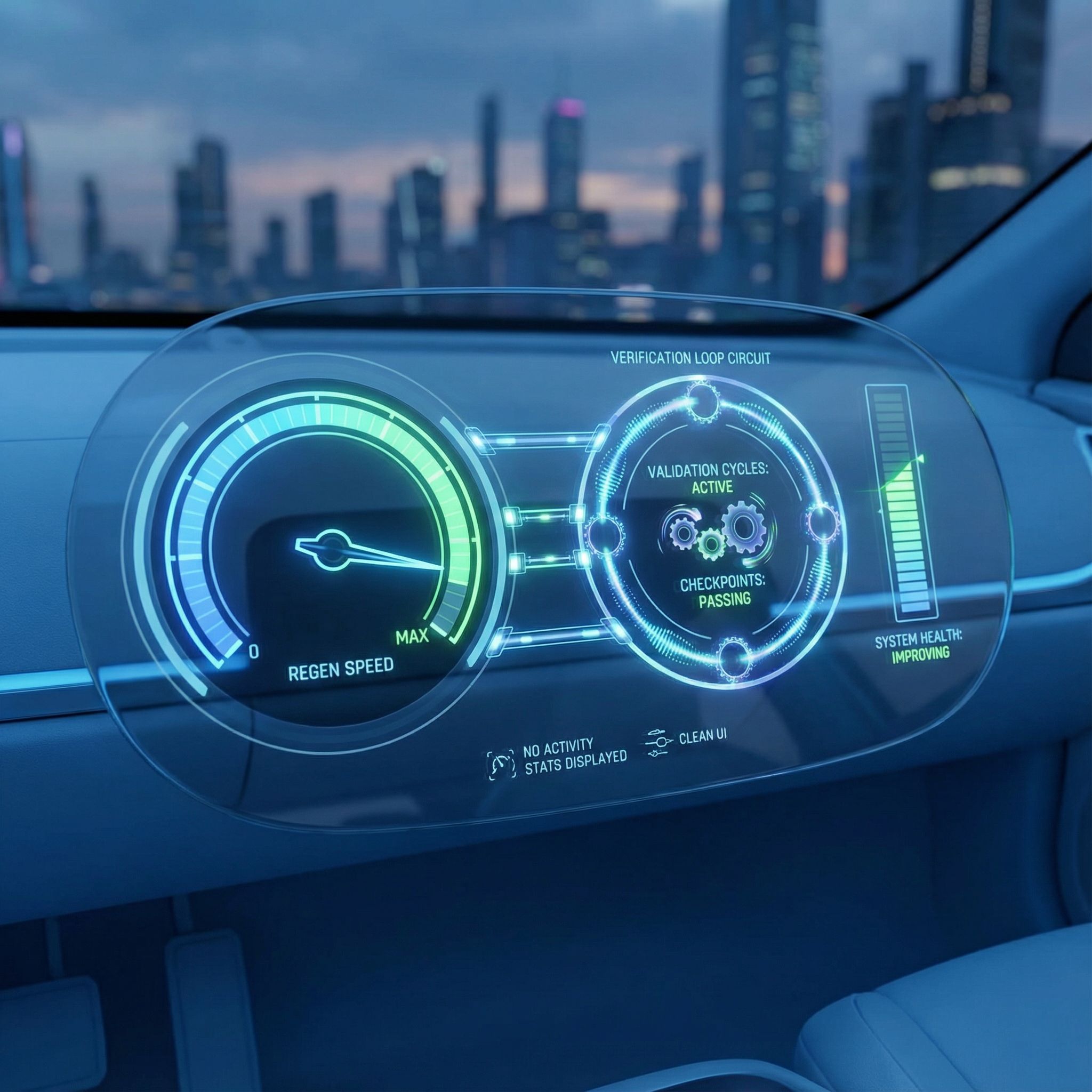 깨끗한 청록빛 SF 대시보드에 재생 속도 게이지와 빛나는 검증 루프 회로가 돌며 체크포인트가 점등된 모습이다