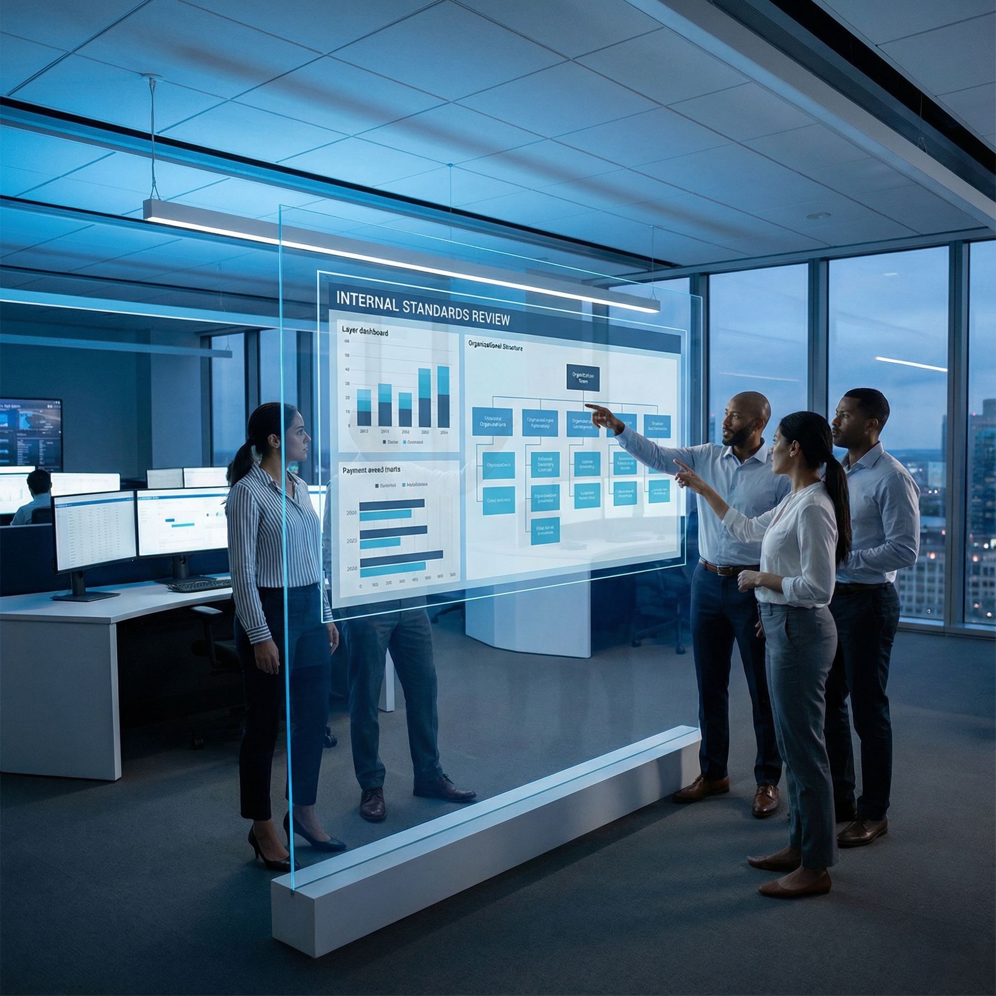 쿨톤 조명 아래 유리 대시보드에 차트와 조직도가 겹치고 팀원들이 검토하는 모습이다