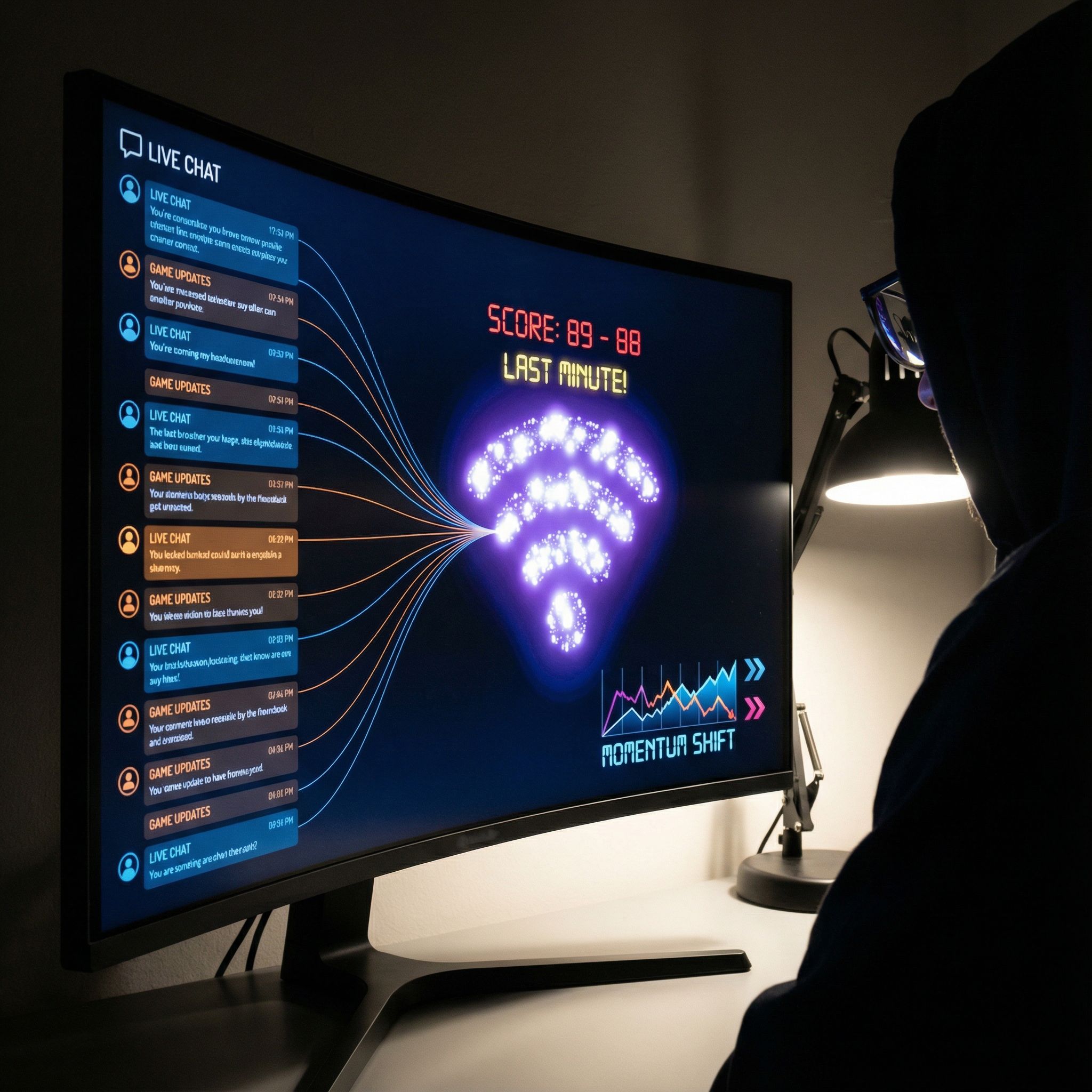 어두운 화면에 스포츠 점수 채팅창 메시지가 모여 빛나는 신호 군집을 이루는 모습이다