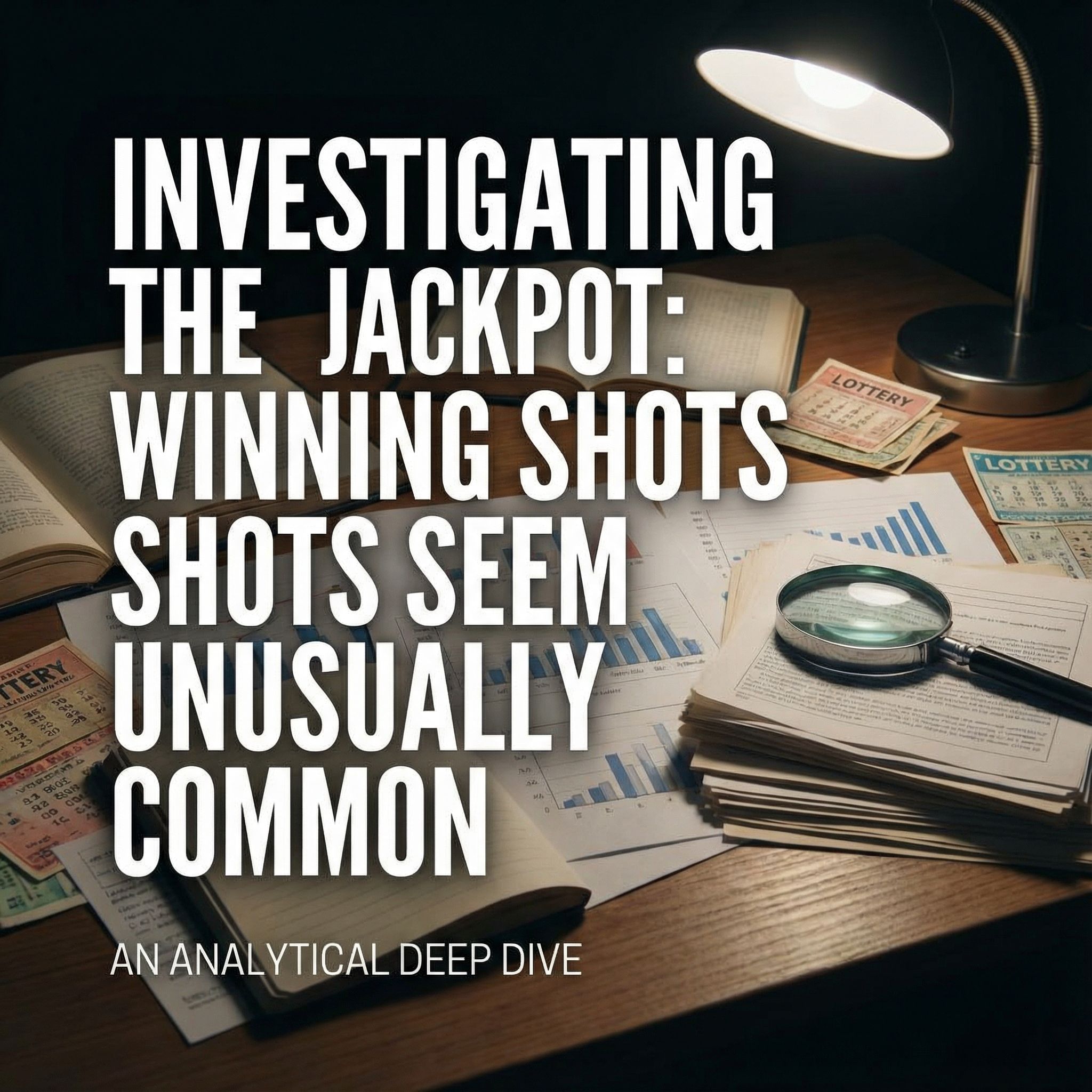 책상 위 복권과 통계 차트, 돋보기가 놓이고 굵은 제목이 있는 다큐풍 표지 모습이다
