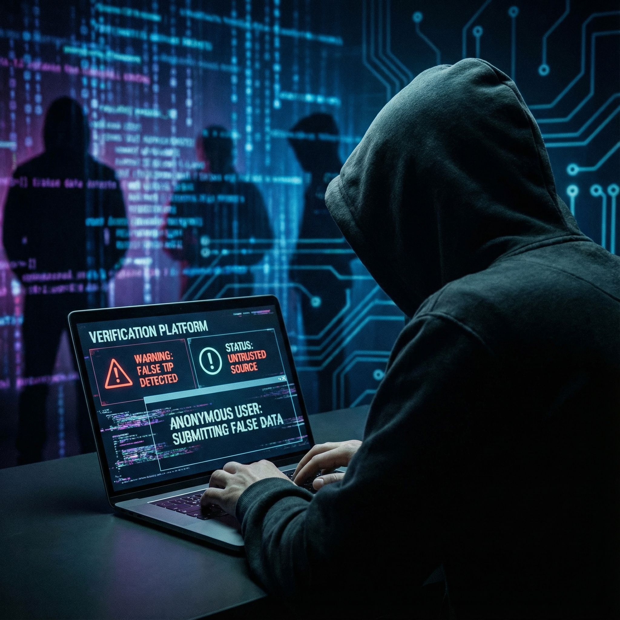 어두운 사이버 배경에 익명 제보자와 그림자 인물, 경고 아이콘과 데이터 흐름이 떠 있는 조사 UI 모습이다