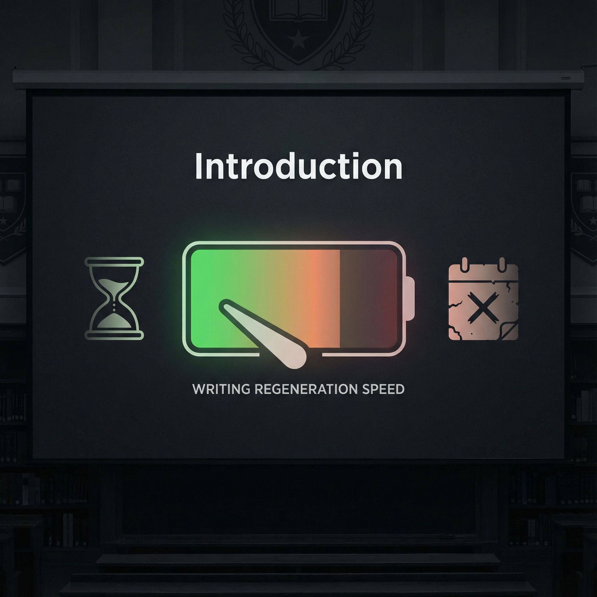어두운 프레젠테이션 화면 중앙에 글쓰기 재생 속도를 나타내는 배터리 게이지와 모래시계, 일정 아이콘이 배치되어 도입부 주제를 직관적으로 설명하는 슬라이드다