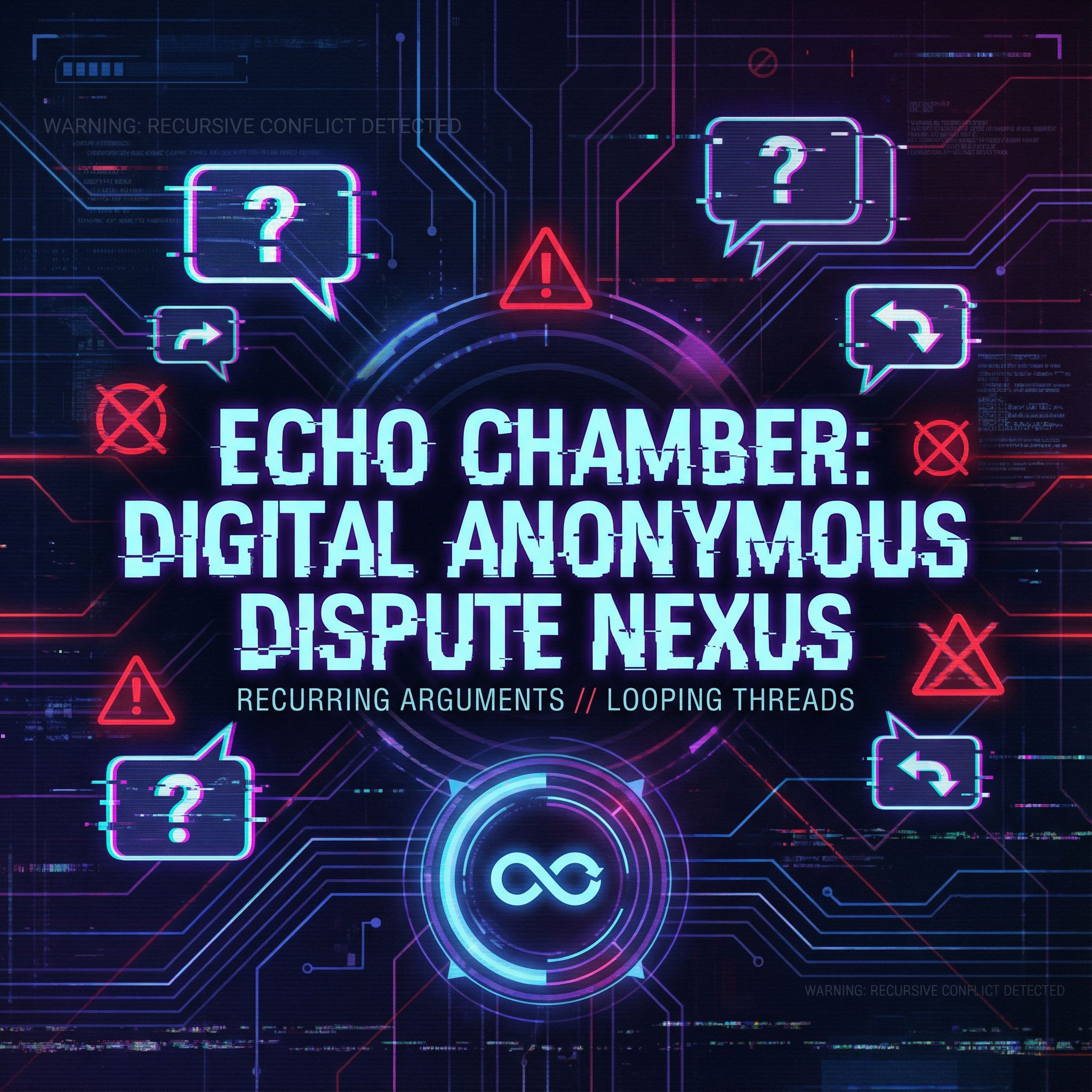어두운 배경에 사이버펑크 UI, 말풍선과 경고 아이콘이 반복 논쟁을 표현한 모습이다