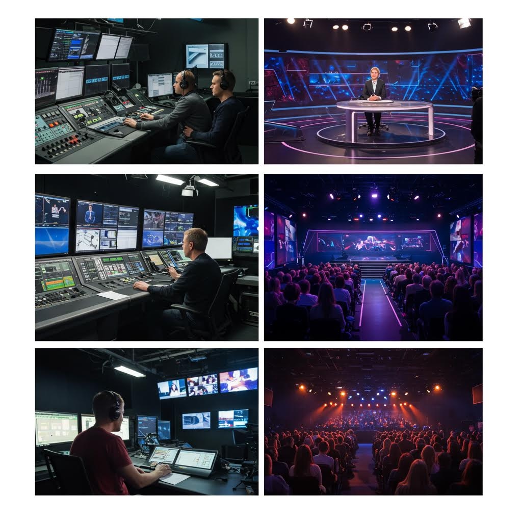 복잡한 장비가 놓인 컨트롤룸에서 두 사람이 여러 화면을 모니터링하며 방송 신호를 조정하는 순간