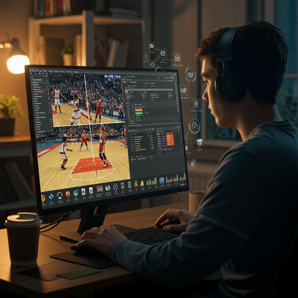 모니터에 재생되는 농구 경기 장면과 각종 분석 화면을 보며 헤드셋을 착용한 사람이 조용한 작업 공간에서 데이터를 살피는 모습
