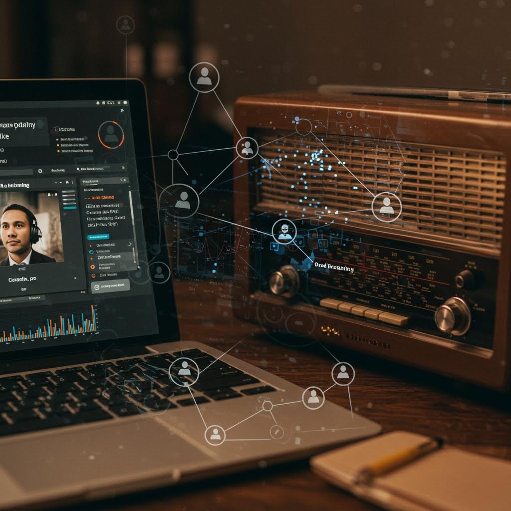 노트북의 화상 인터페이스와 빈티지 라디오가 나란히 놓인 책상 위에 연결망 그래픽이 겹쳐지며 서로 다른 소통 기술의 흐름을 보여주는 장면