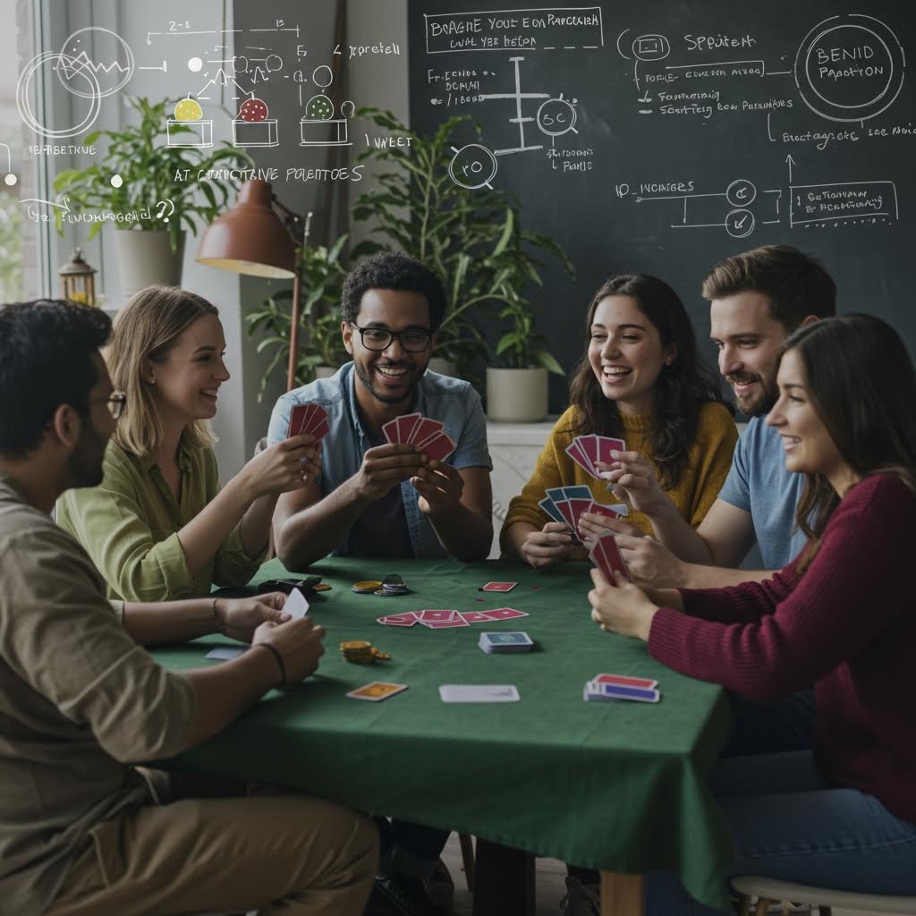 칠판의 복잡한 도식 아래 초록 테이블에 모여 카드를 즐기는 사람들의 밝은 순간
