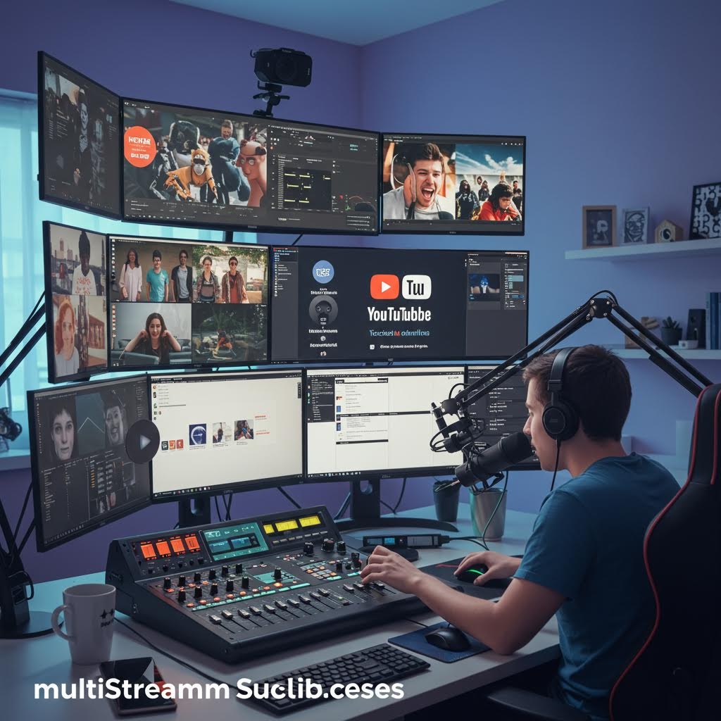 여러 모니터에 다양한 화면이 펼쳐진 작업 공간에서 헤드셋을 착용한 사람이 믹서와 마이크를 조작하며 스트리밍을 준비하는 순간